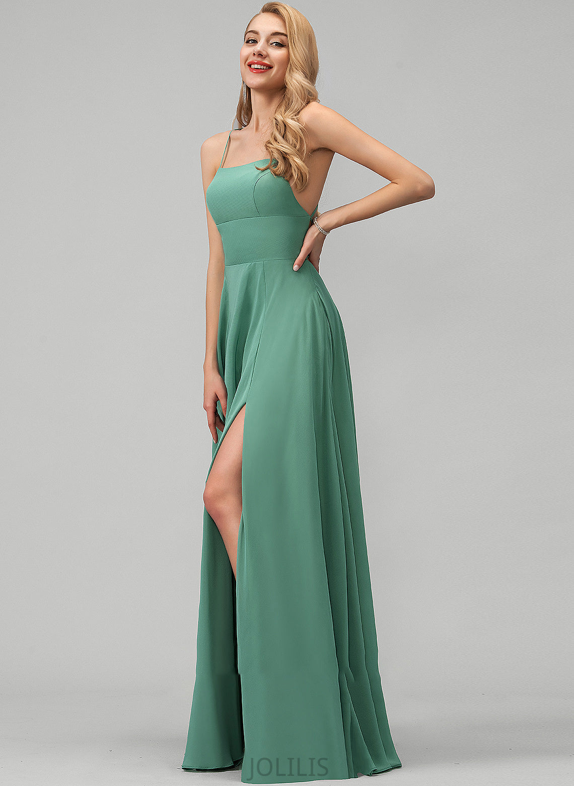 Floor-Length Prom Dresses Split Daniela Square Pockets Front Neckline A-Line Chiffon With