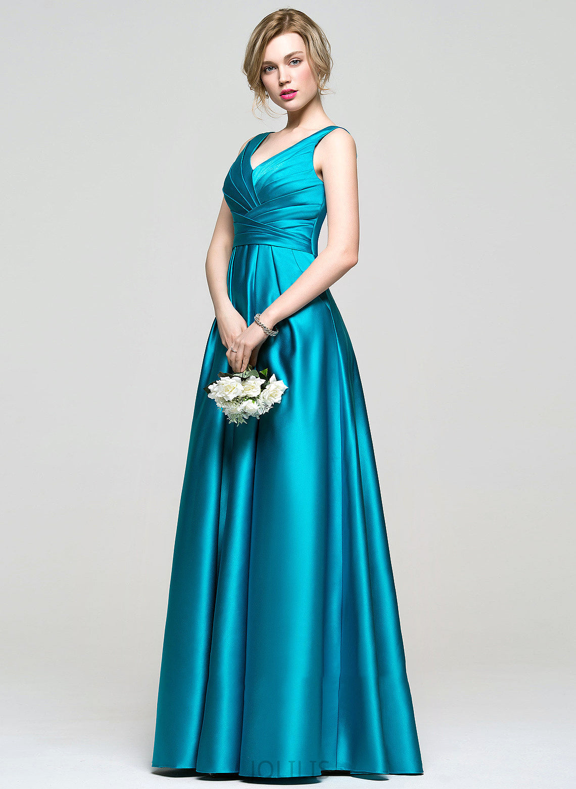 Ball-Gown/Princess V-neck Ruffle Pockets Satin With Floor-Length Neveah Prom Dresses