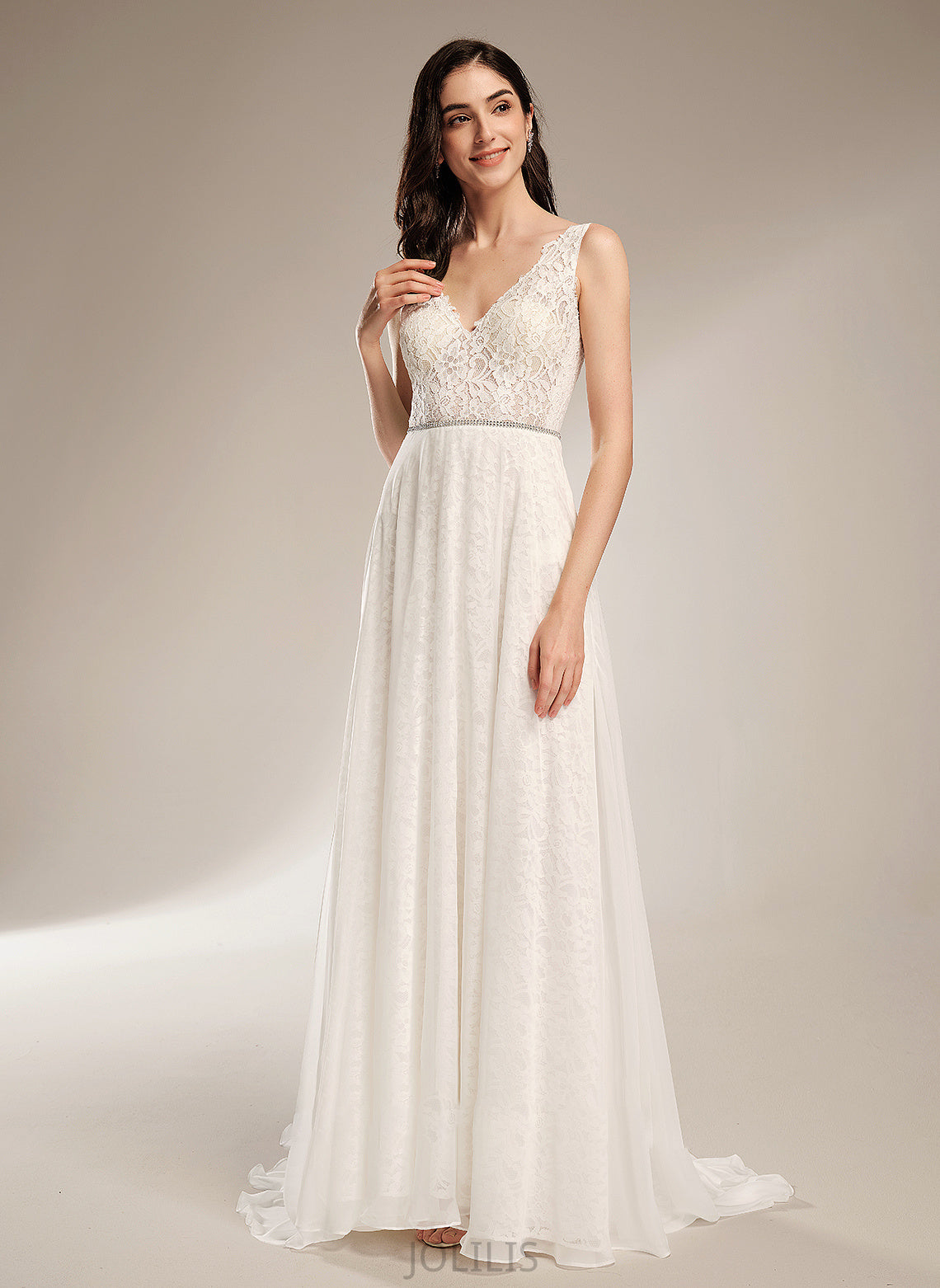 Dress With V-neck Sweep Wedding Wedding Dresses A-Line Beading Train Guadalupe