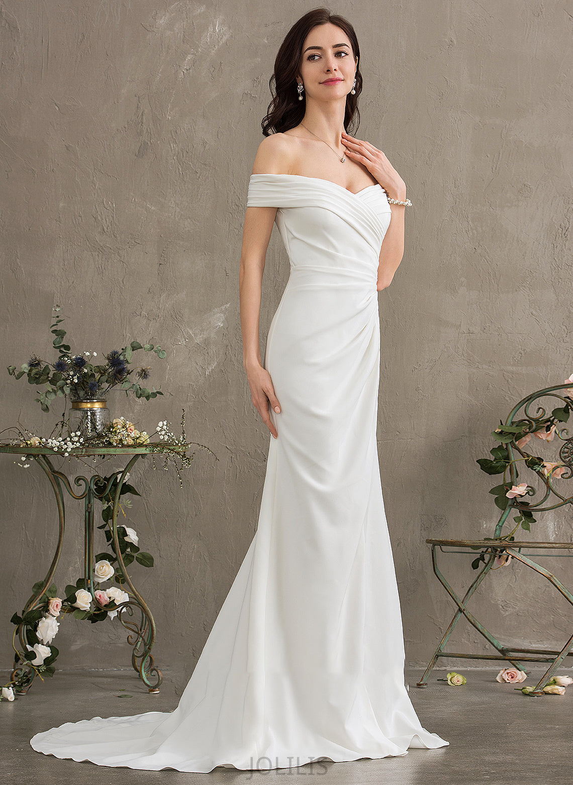 Wedding Dresses Front Sheath/Column With Train Off-the-Shoulder Wedding Stretch Split Crepe Dress Lilyana Ruffle Sweep