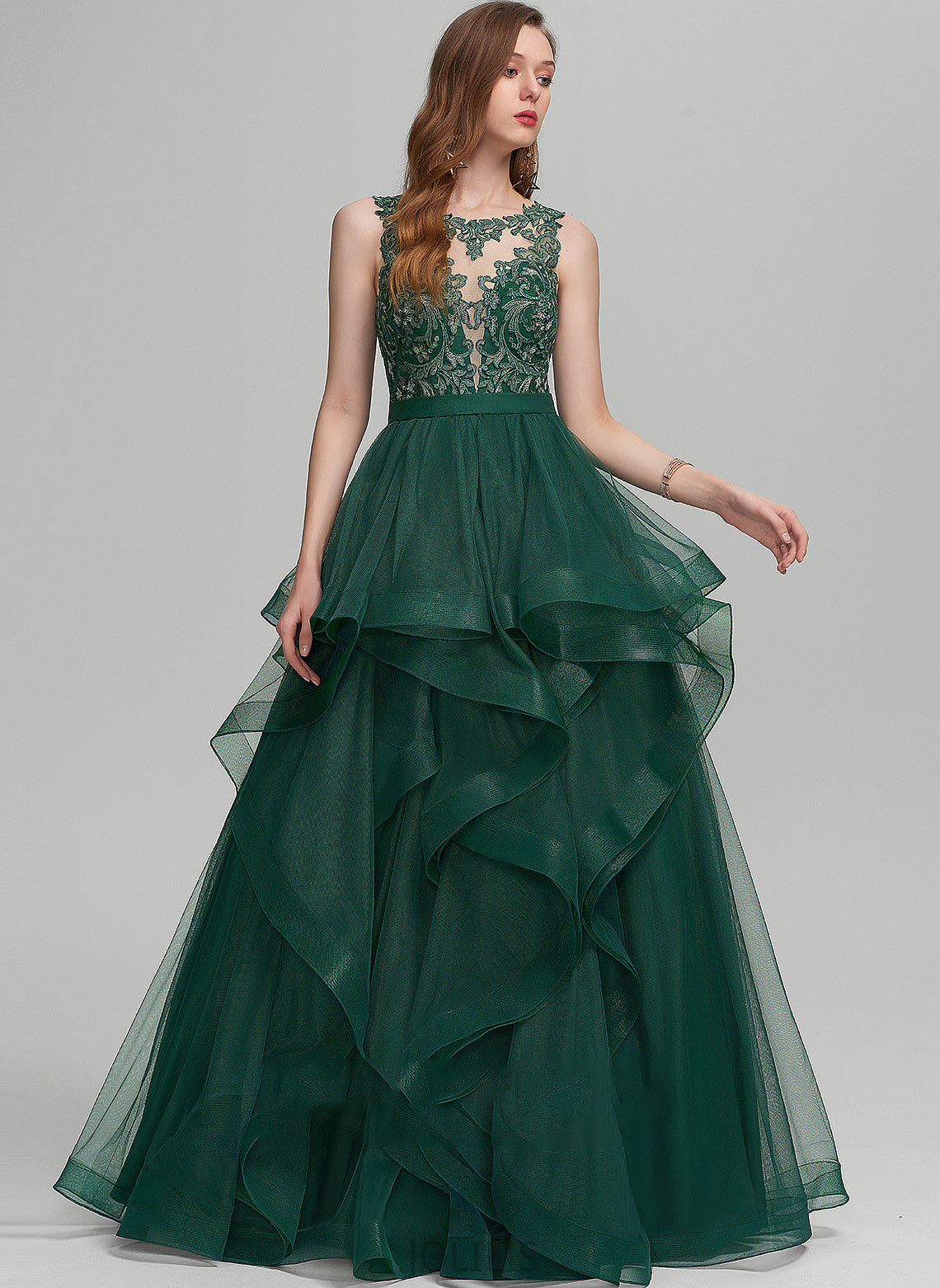 Scoop Neck Lace Ball-Gown/Princess With Riley Floor-Length Prom Dresses Tulle Ruffle