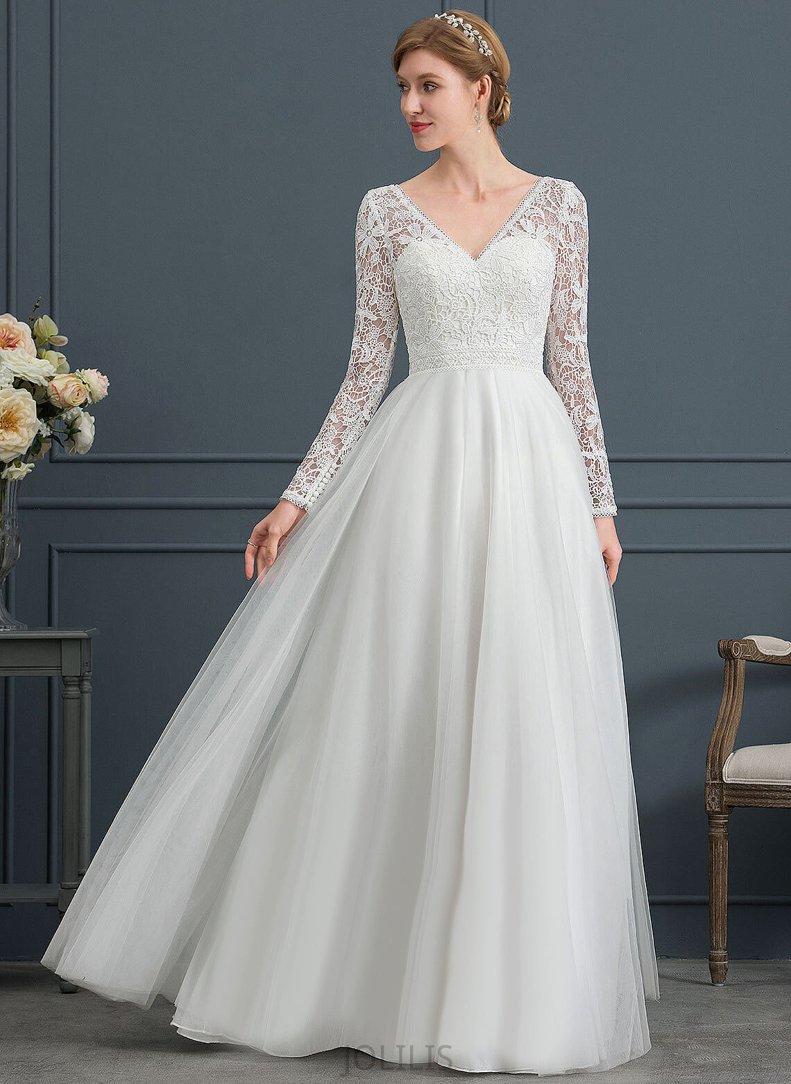 June V-neck Floor-Length Dress A-Line Tulle Lace Wedding Dresses Wedding