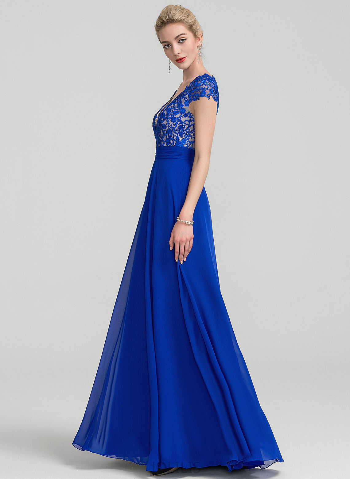 V-neck Prom Dresses Chiffon A-Line Floor-Length Laci Lace