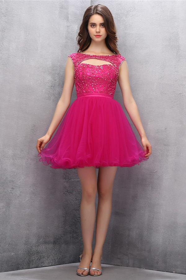 Scoop Short Fuchsia Organza Homecoming Dress With Beading ED88