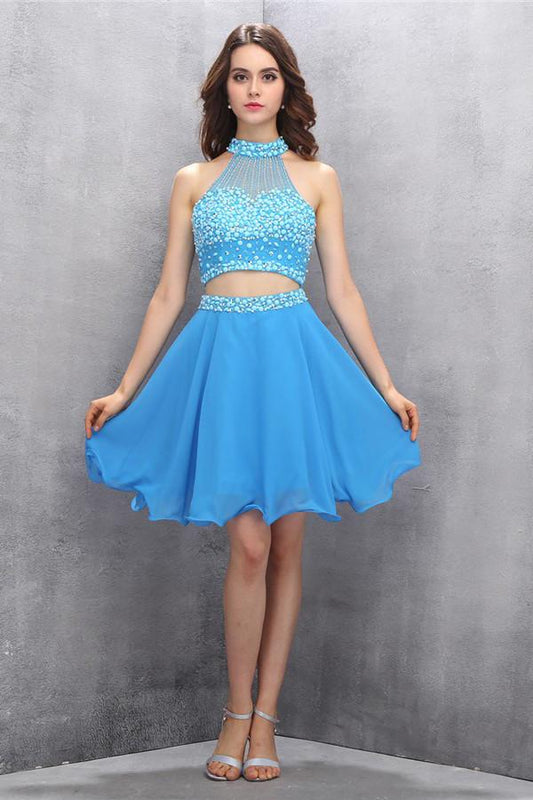 Two Piece Chiffon Blue Homecoming Dress With Beading ED92