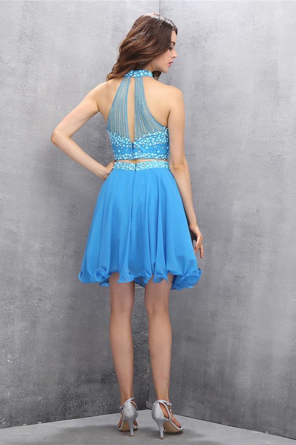 Two Piece Chiffon Blue Homecoming Dress With Beading ED92