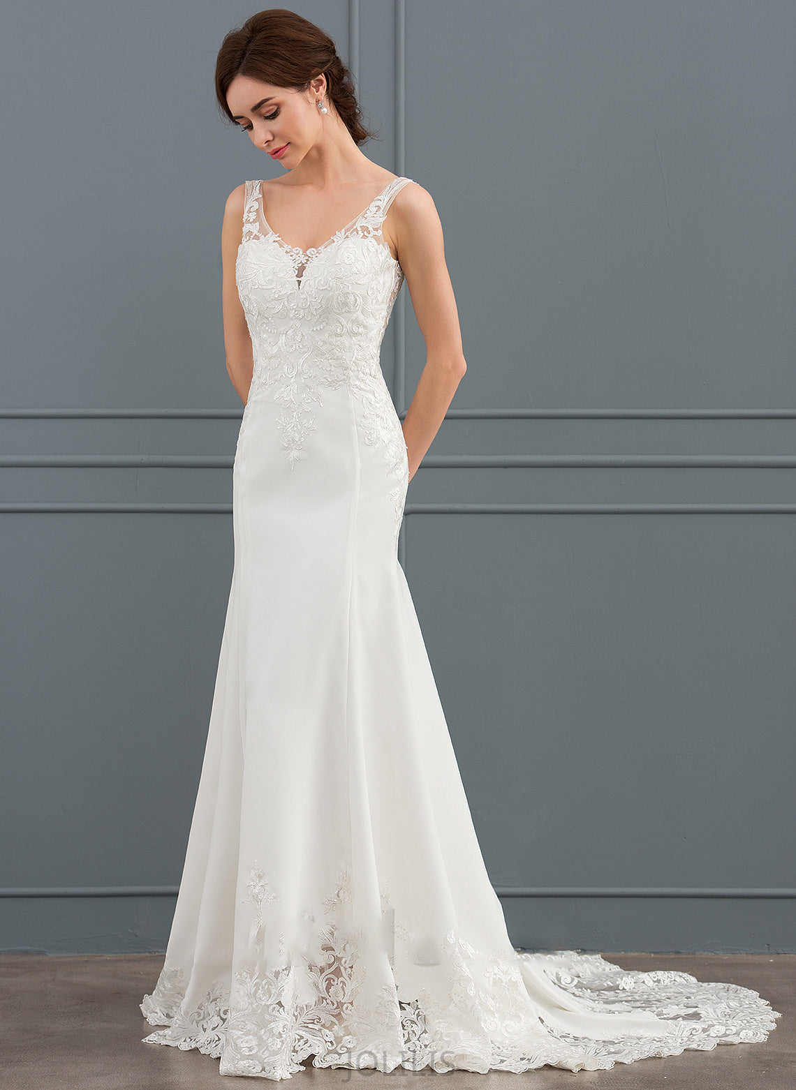 Lace Sequins Brielle Crepe Wedding Dresses V-neck Train With Trumpet/Mermaid Dress Court Wedding Stretch