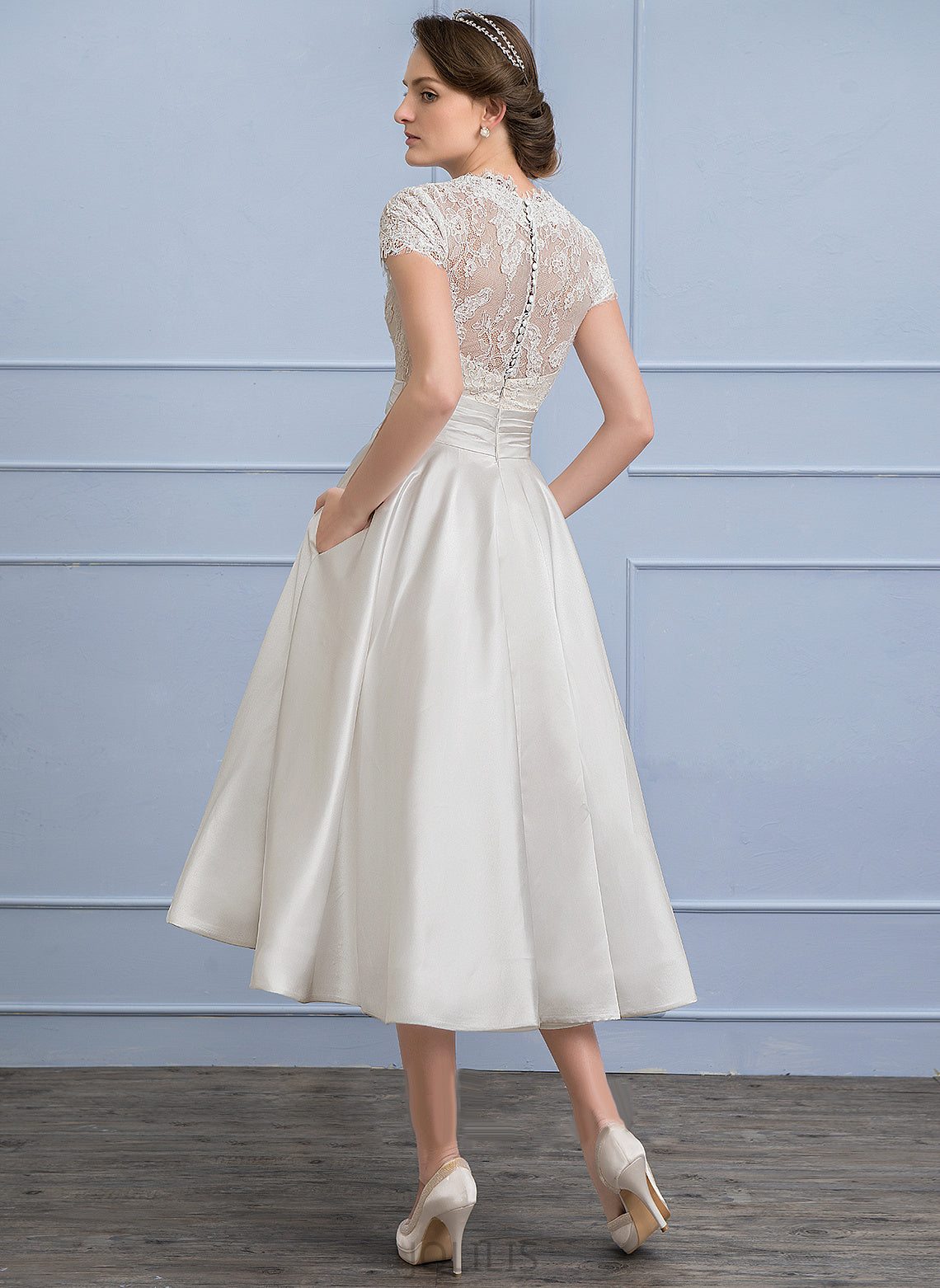 Dress Ruffle Margery A-Line Satin V-neck With Tea-Length Wedding Lace Wedding Dresses