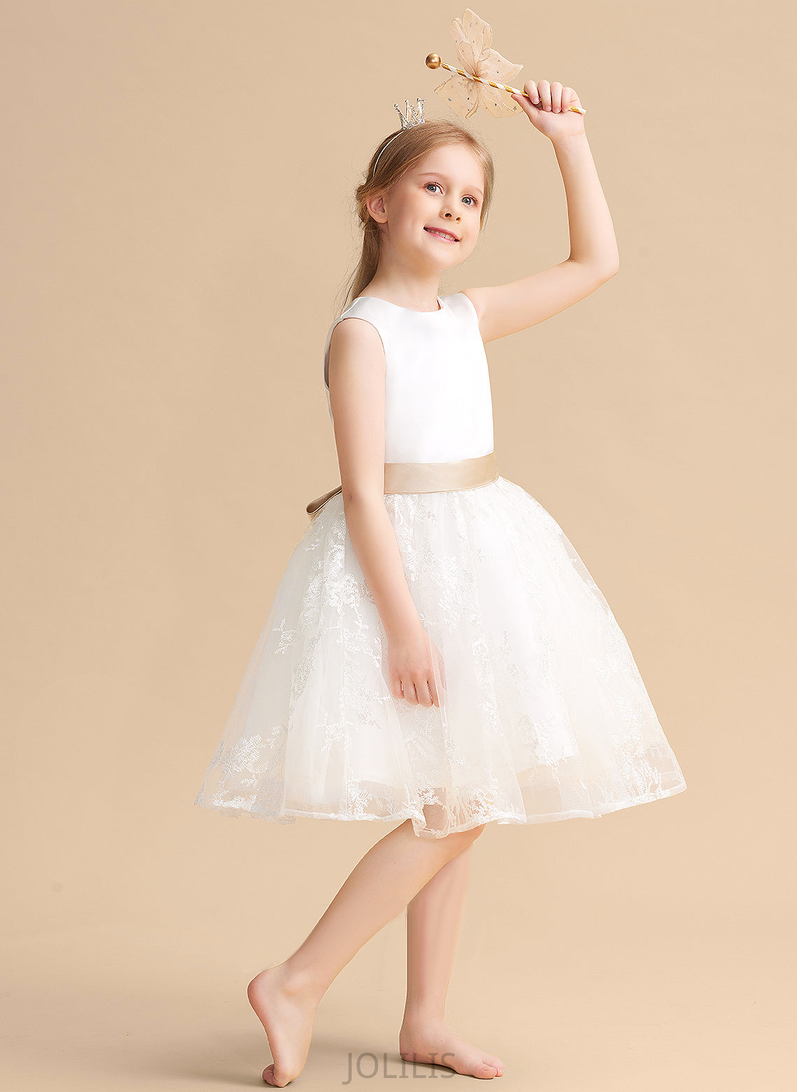 Sleeveless Dress Elaine With - Flower Sash Flower Girl Dresses Neck Knee-length Scoop A-Line/Princess Girl Satin/Lace