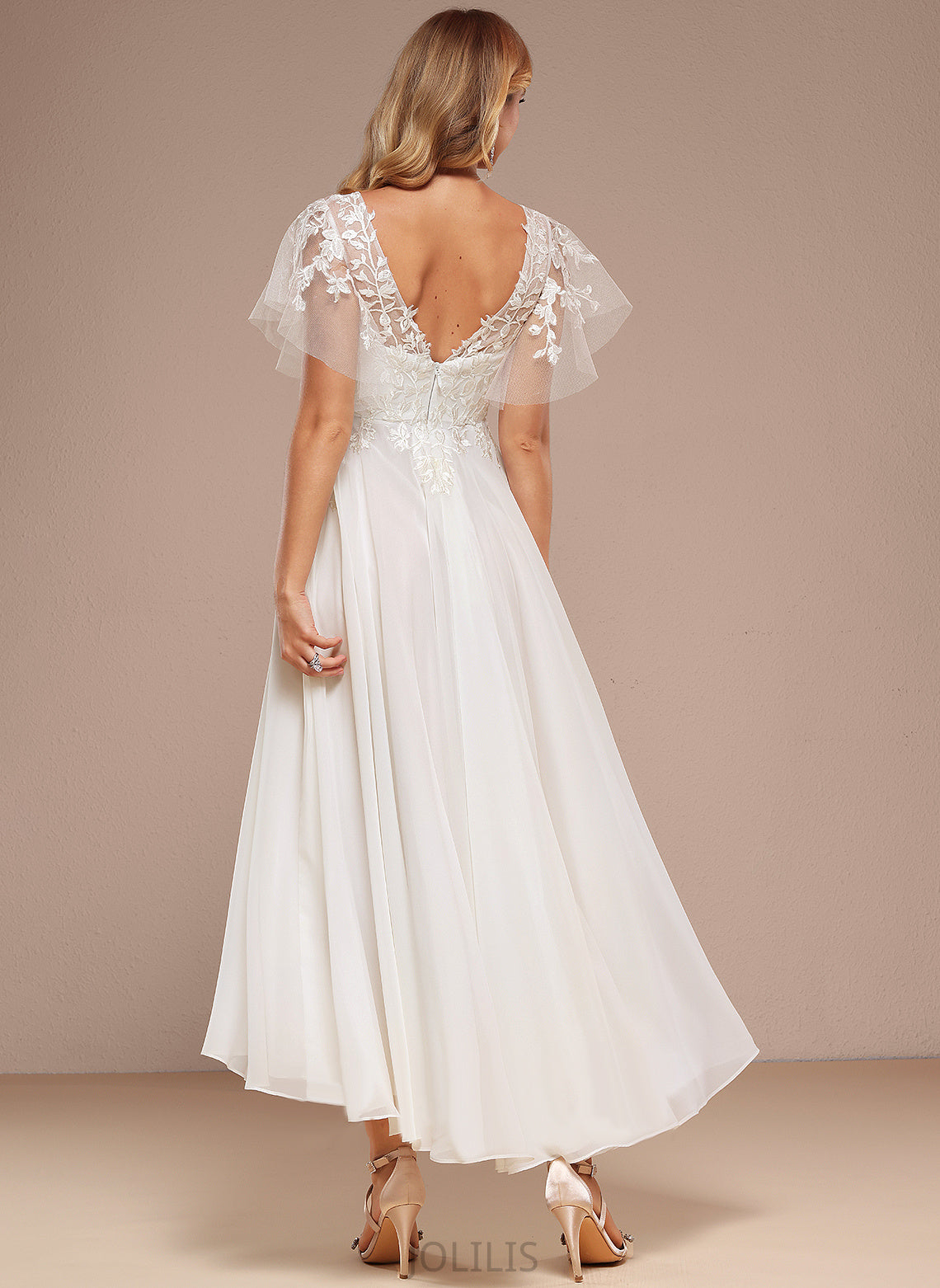 Lace With Tulle Wedding Dresses A-Line Dulce Dress Wedding Asymmetrical Ruffle V-neck