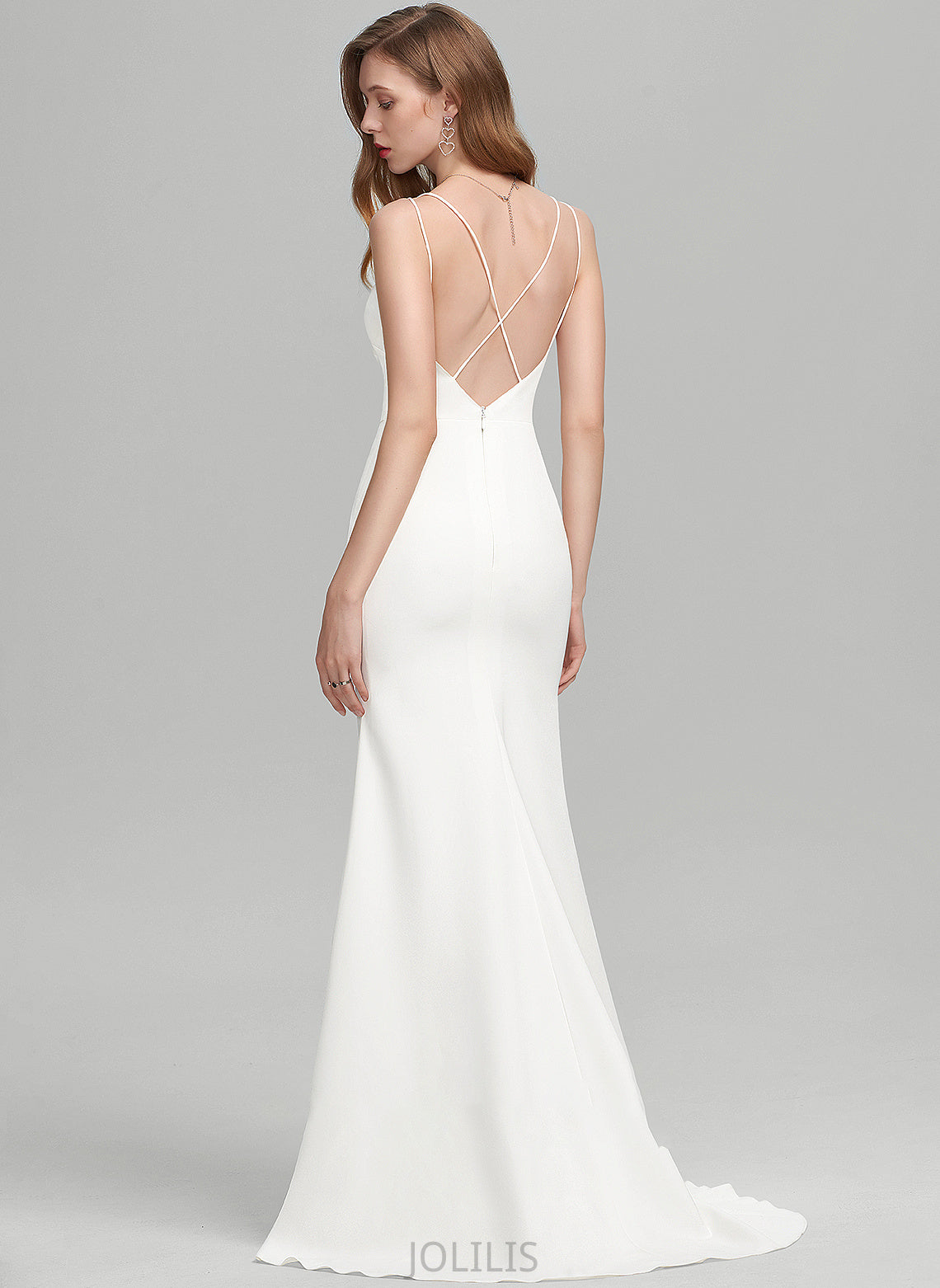 Train Crepe Sheath/Column Wedding Dresses Stretch Bow(s) Split With Destinee Wedding Dress Front Sweep V-neck