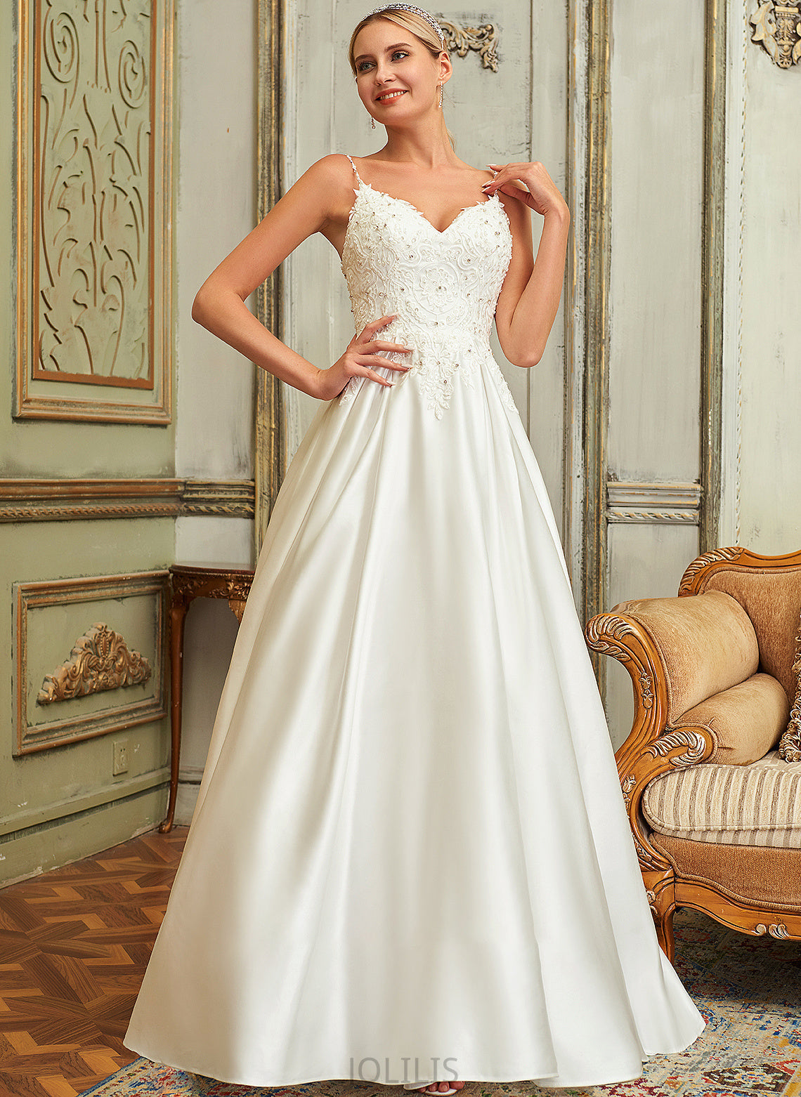 Wedding Pockets Train Sequins With Satin Lace Sweep Dress Madisyn Wedding Dresses Ball-Gown/Princess Beading Lace V-neck