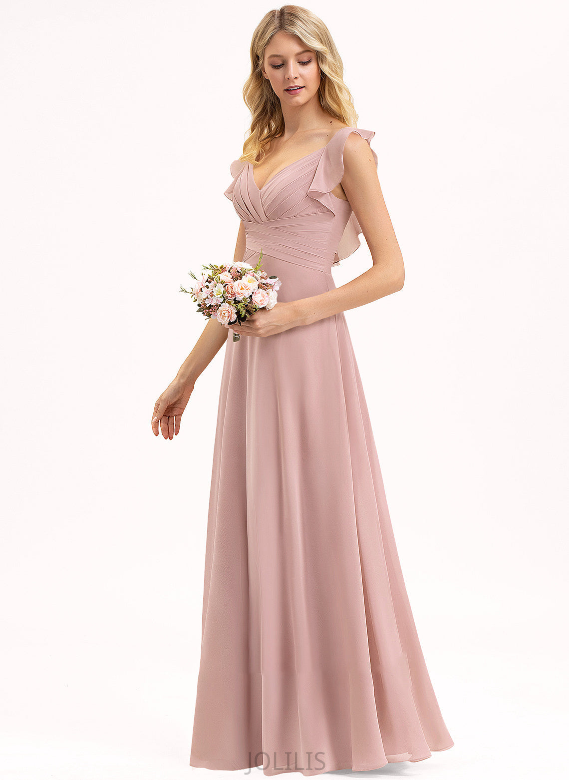 Empire Cascading Ruffles Floor-Length Chiffon V-neck Kathy With Prom Dresses