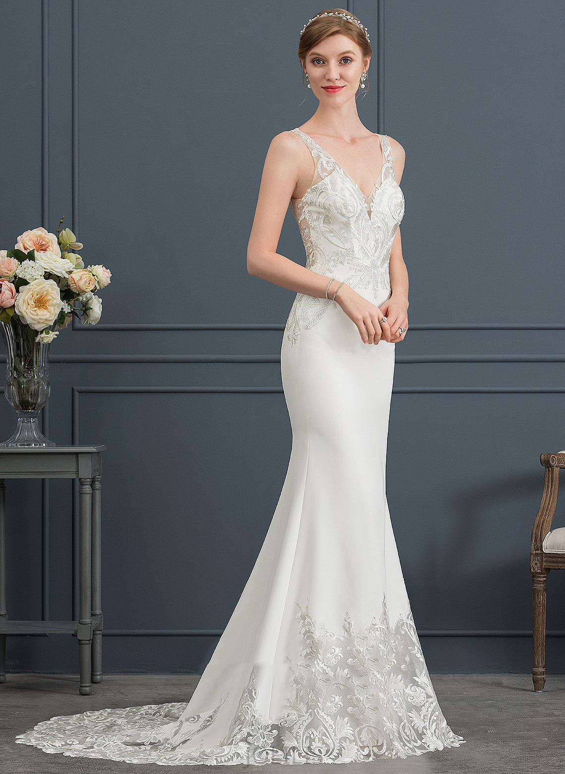 Dress Lace Larissa Court Stretch Trumpet/Mermaid Train Wedding Crepe V-neck Wedding Dresses