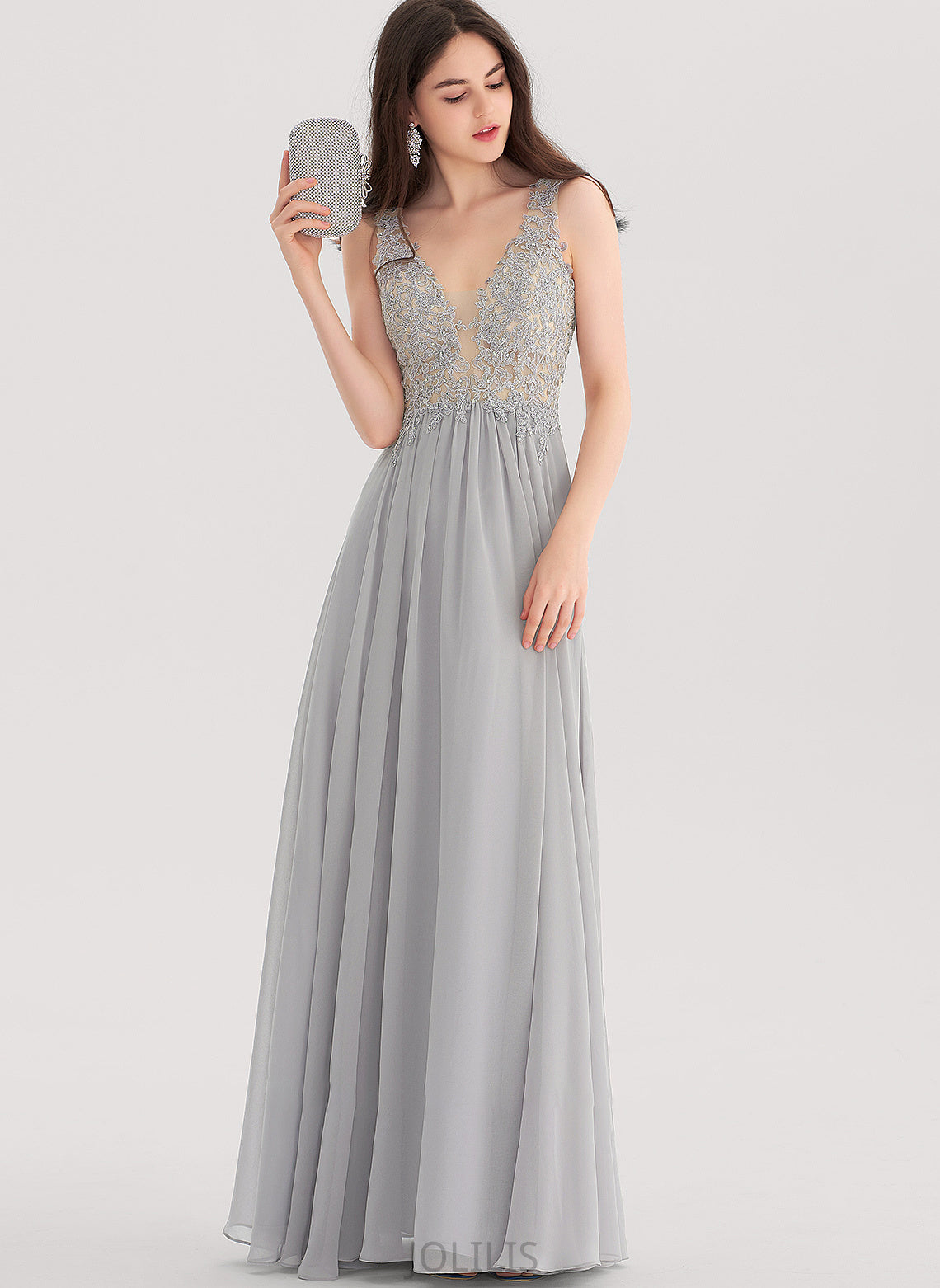 A-Line Floor-Length Beading Prom Dresses Karly Sequins Chiffon With V-neck