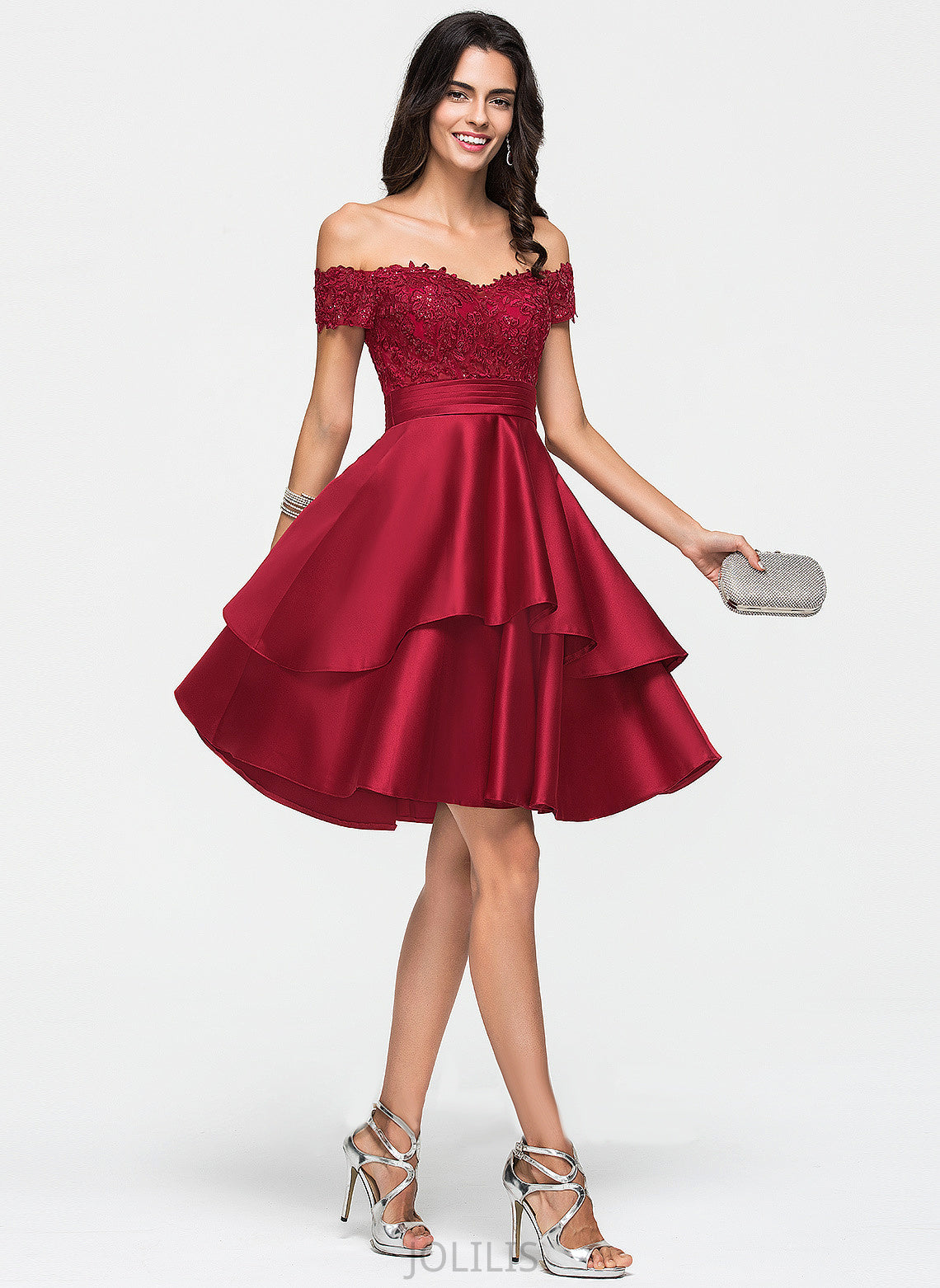 Off-the-Shoulder Abbigail Knee-Length Lace Dress Satin A-Line Homecoming Dresses With Sequins Homecoming