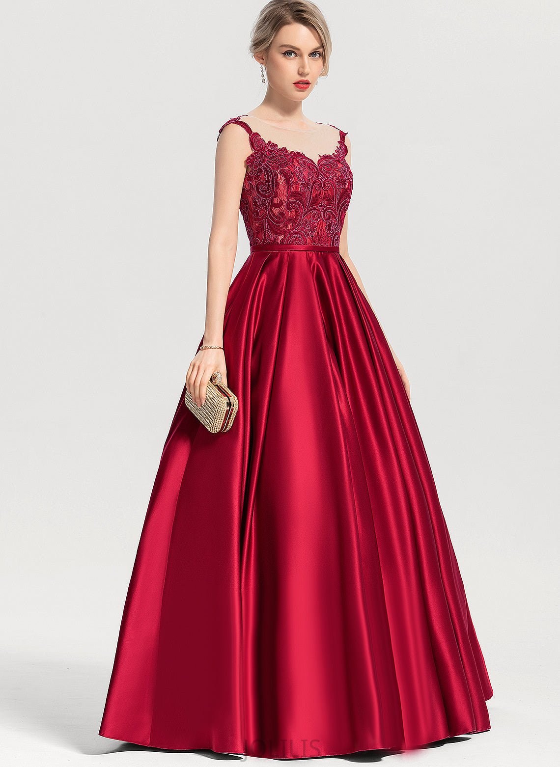 Sequins Ball-Gown/Princess Floor-Length Scoop Prom Dresses Anika Satin With Lace