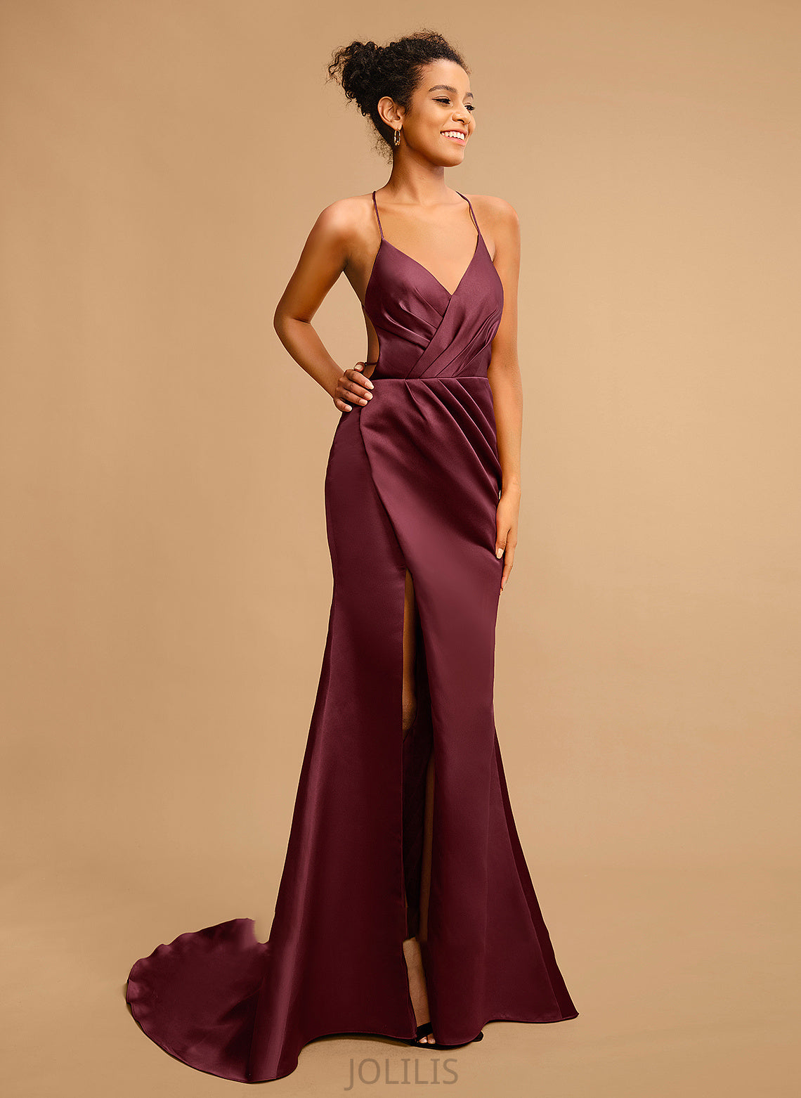 Sweep Sheath/Column With Satin Prom Dresses Cindy Train V-neck Pleated