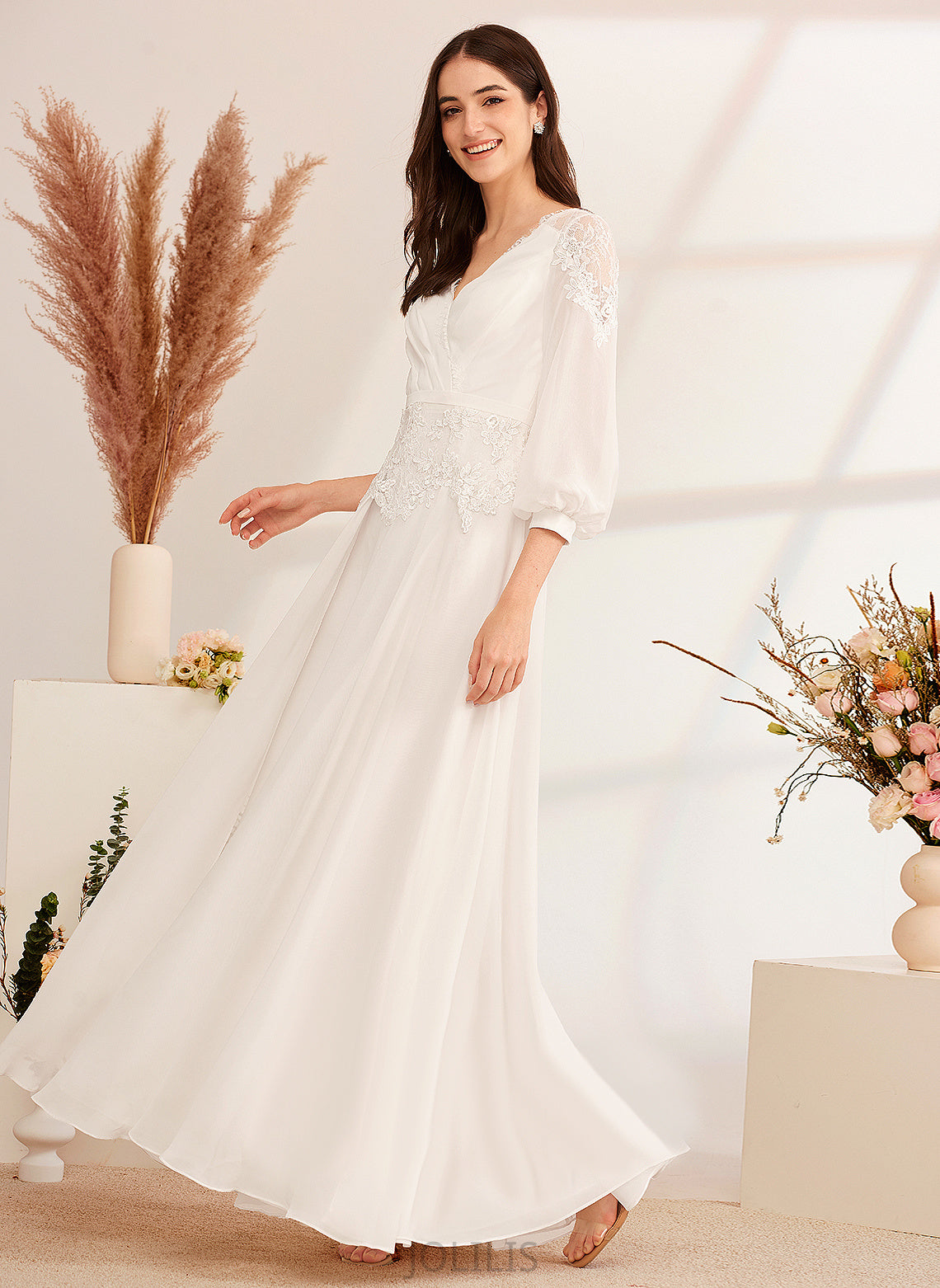 A-Line V-neck Lace Wedding Dresses Chiffon Dress Sadie Floor-Length Wedding With