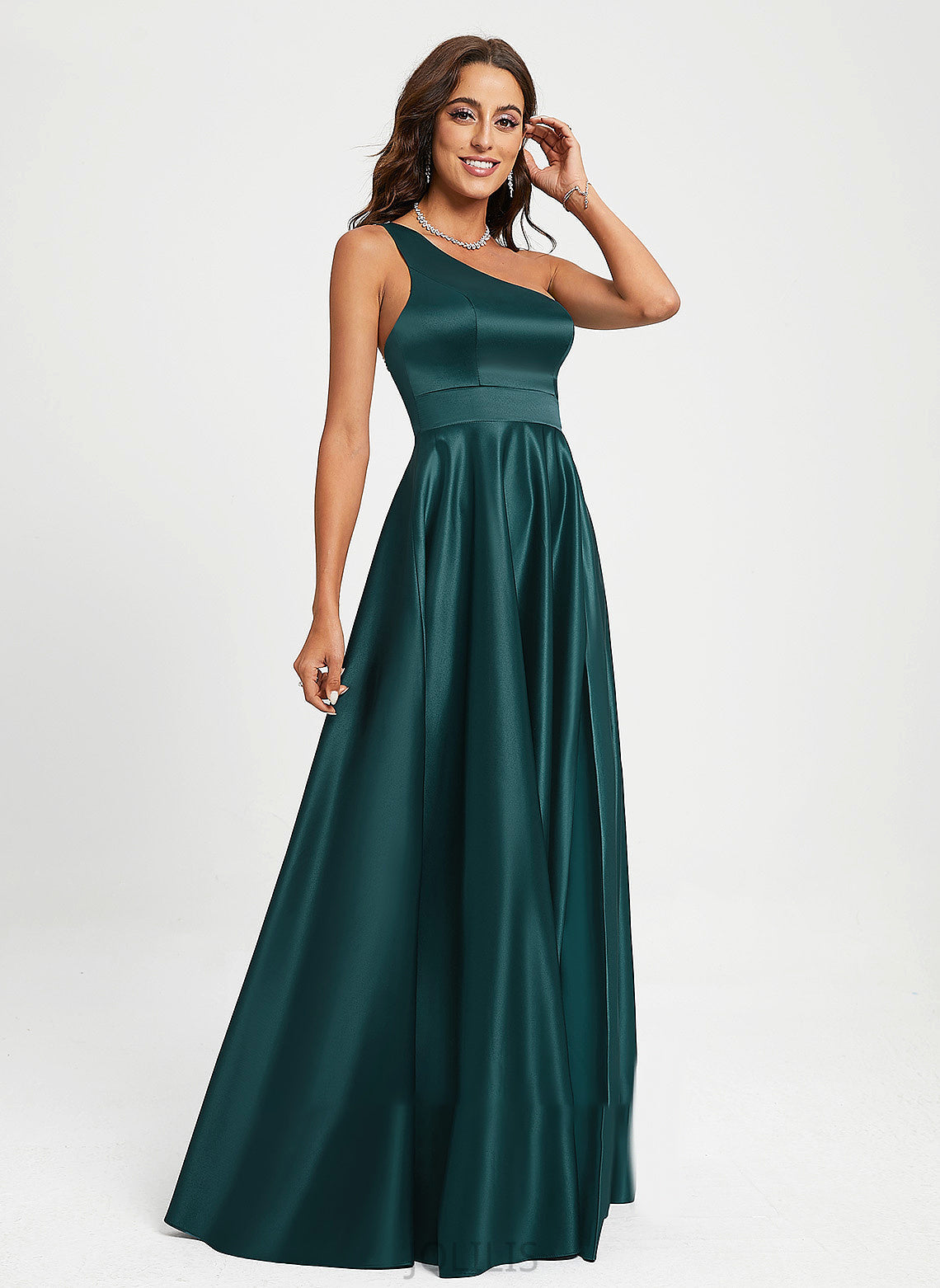 A-Line With Floor-Length Sheila Satin Prom Dresses Beading One-Shoulder