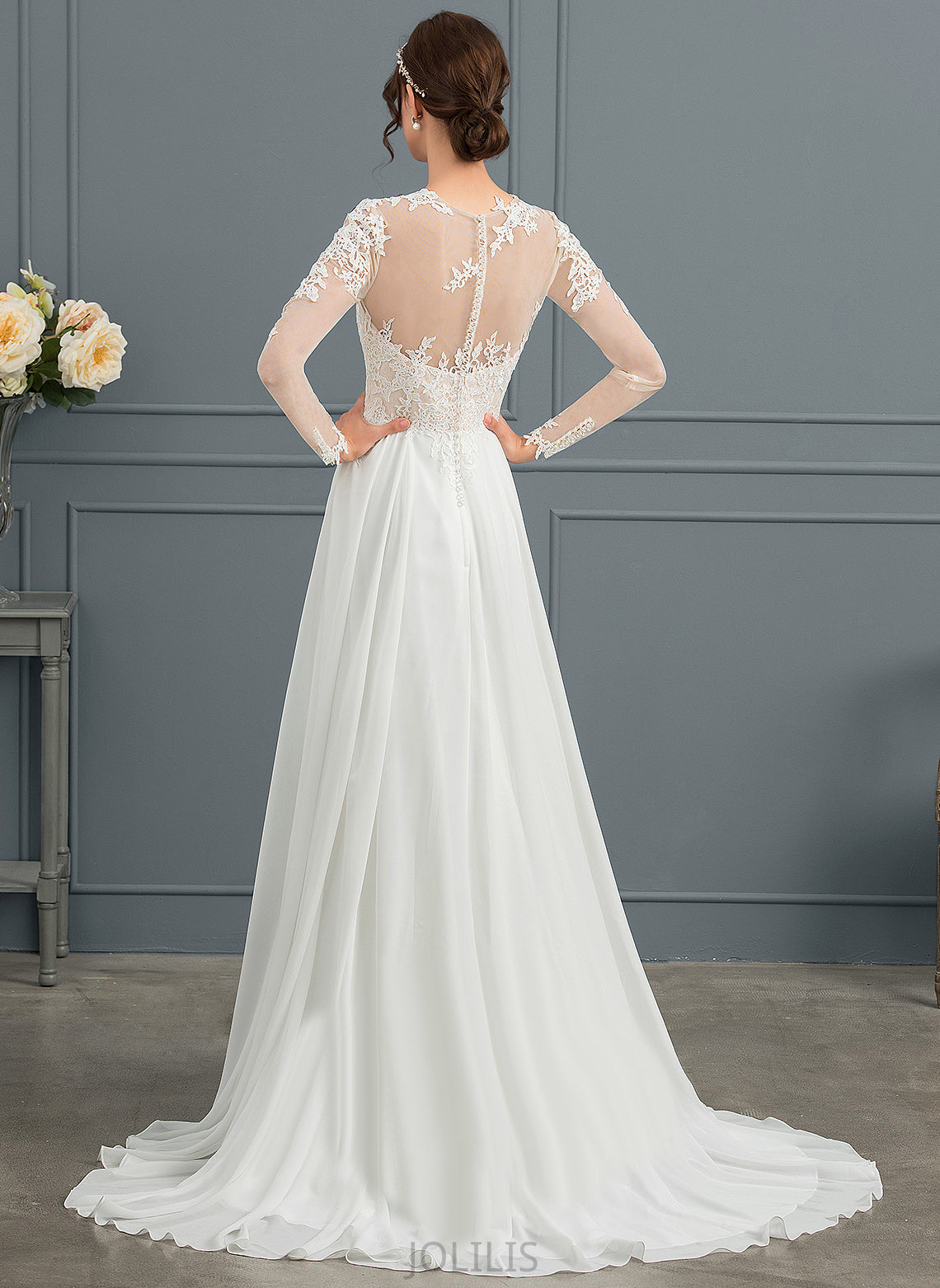 Split Wedding Dresses A-Line Train Lace Front Chiffon Dress Wedding Illusion With Tulle Sweep Appliques Leanna