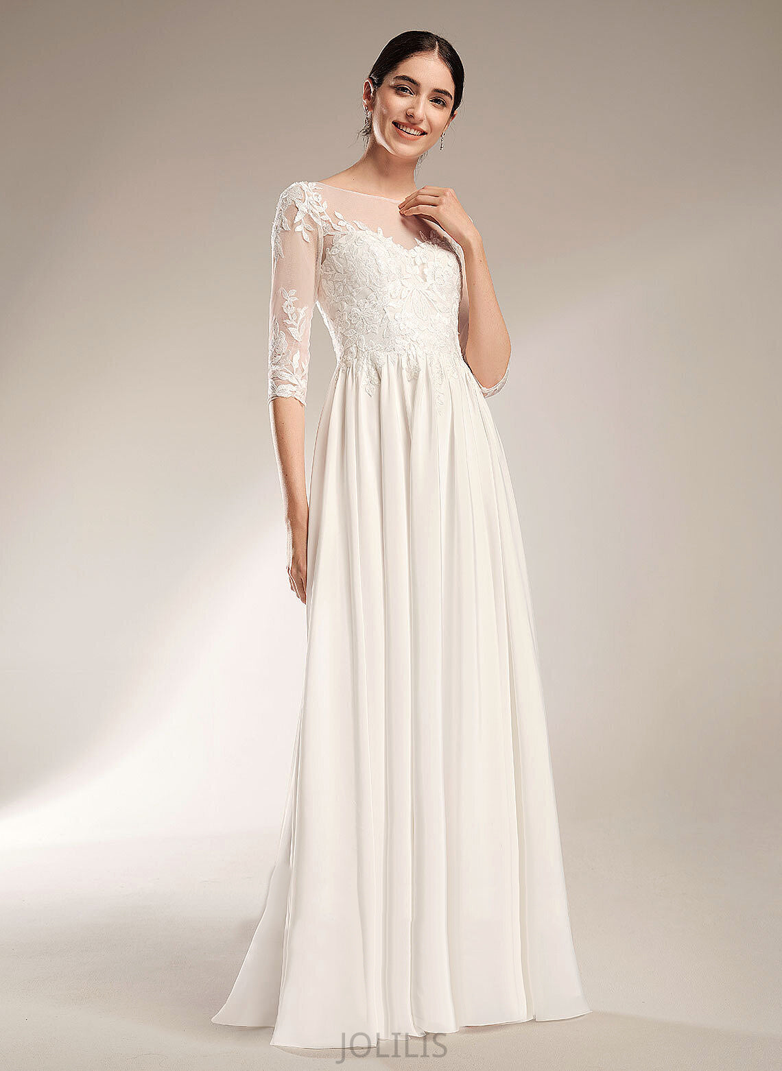 With Train A-Line Wedding Dresses Logan Sweep Sequins Chiffon Illusion Wedding Dress