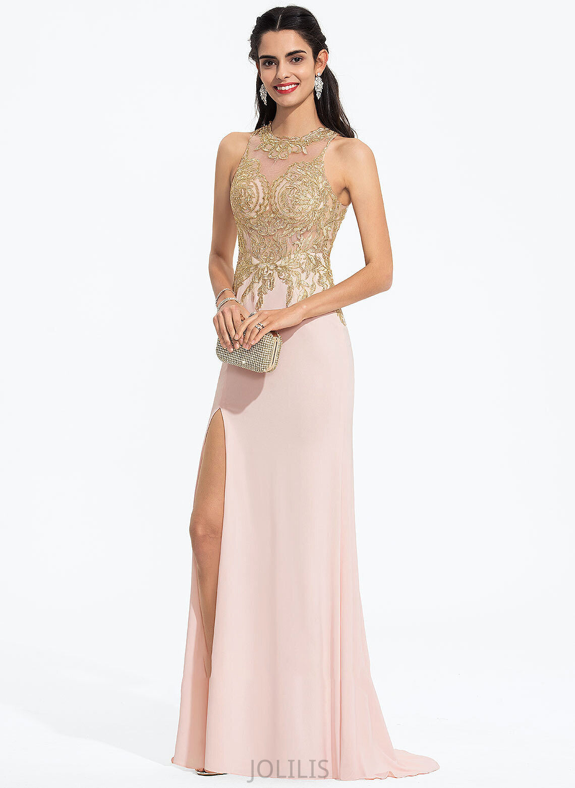 Jersey Scoop Prom Dresses Train Lace Elva Sequins Sweep Neck Sheath/Column With