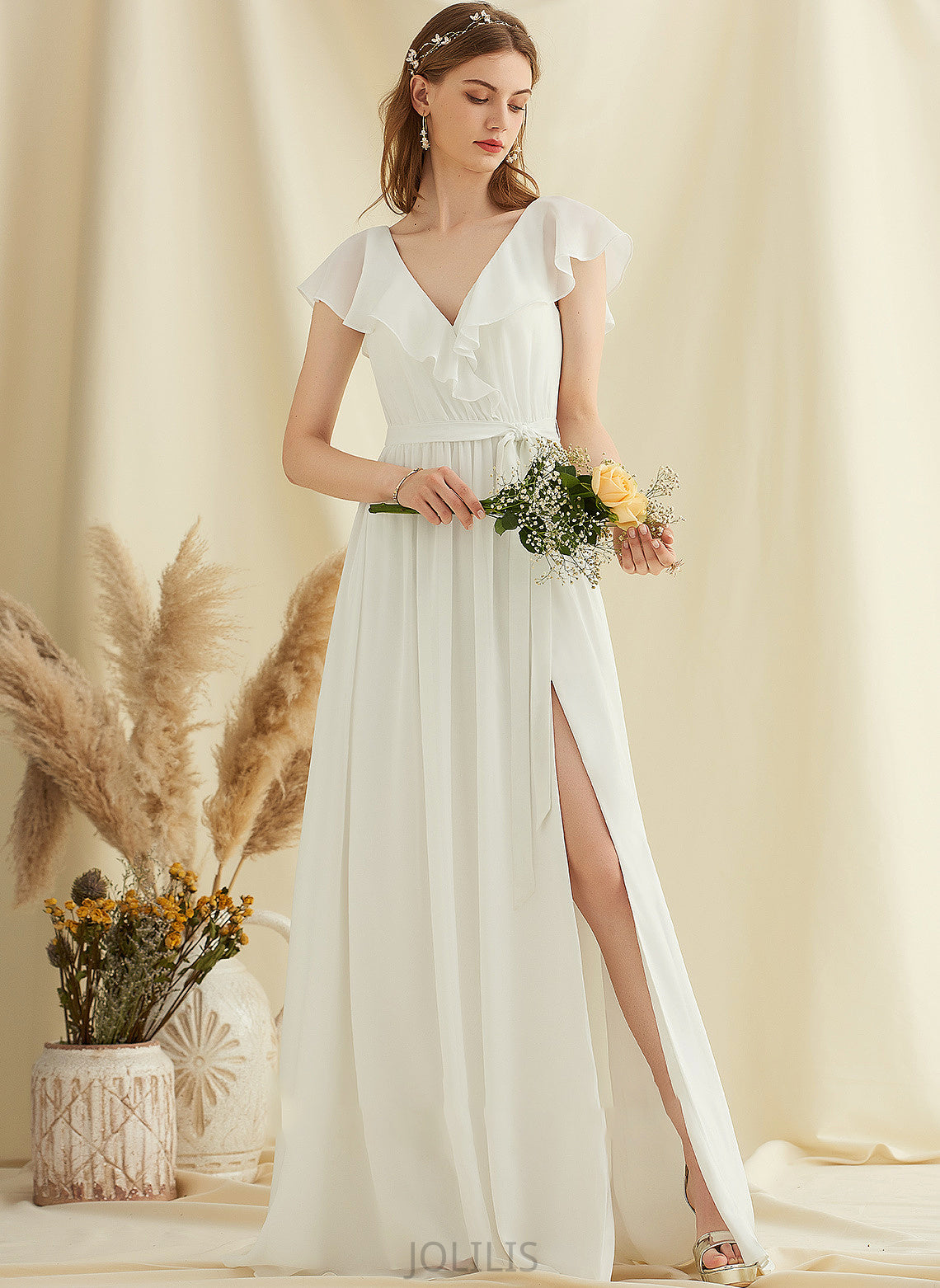 Wedding Front Wedding Dresses Floor-Length Ruffles Dress A-Line V-neck With Chiffon Split Gabrielle Cascading