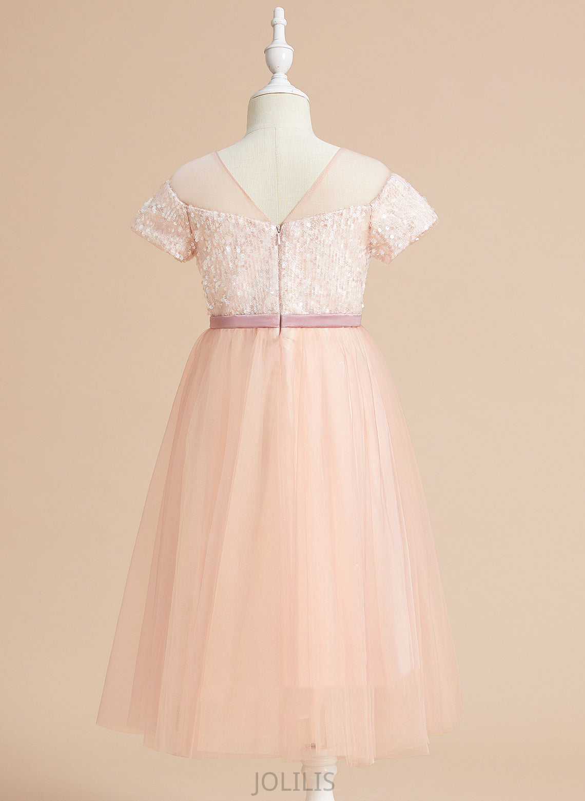 Scoop - Girl Tea-length A-Line Sash/Bow(s) Dress Flower Girl Dresses Neck Naomi Tulle Short Flower With Sleeves