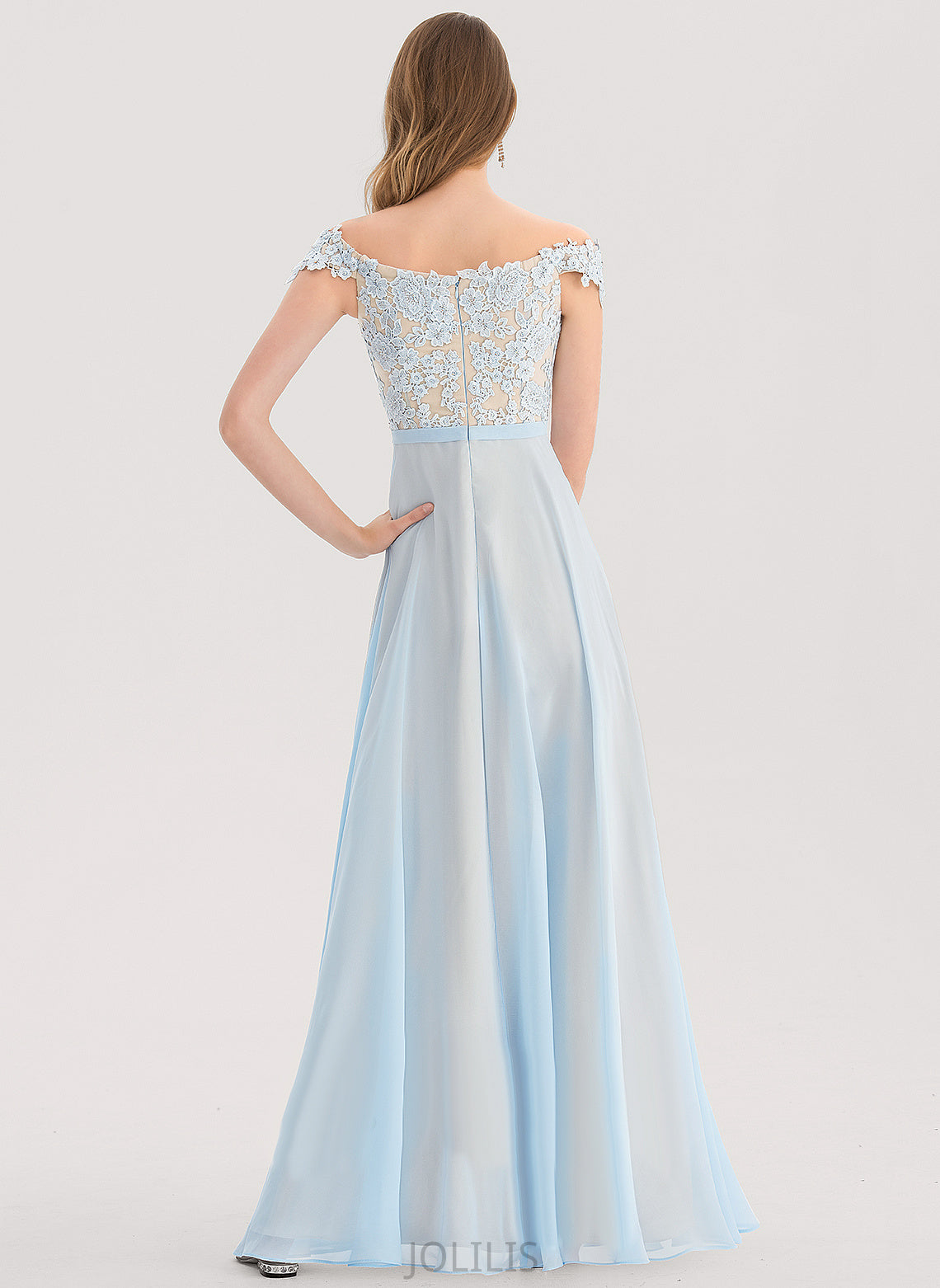 Chiffon A-Line Lace Sequins Off-the-Shoulder Prom Dresses Floor-Length Beading Cali With