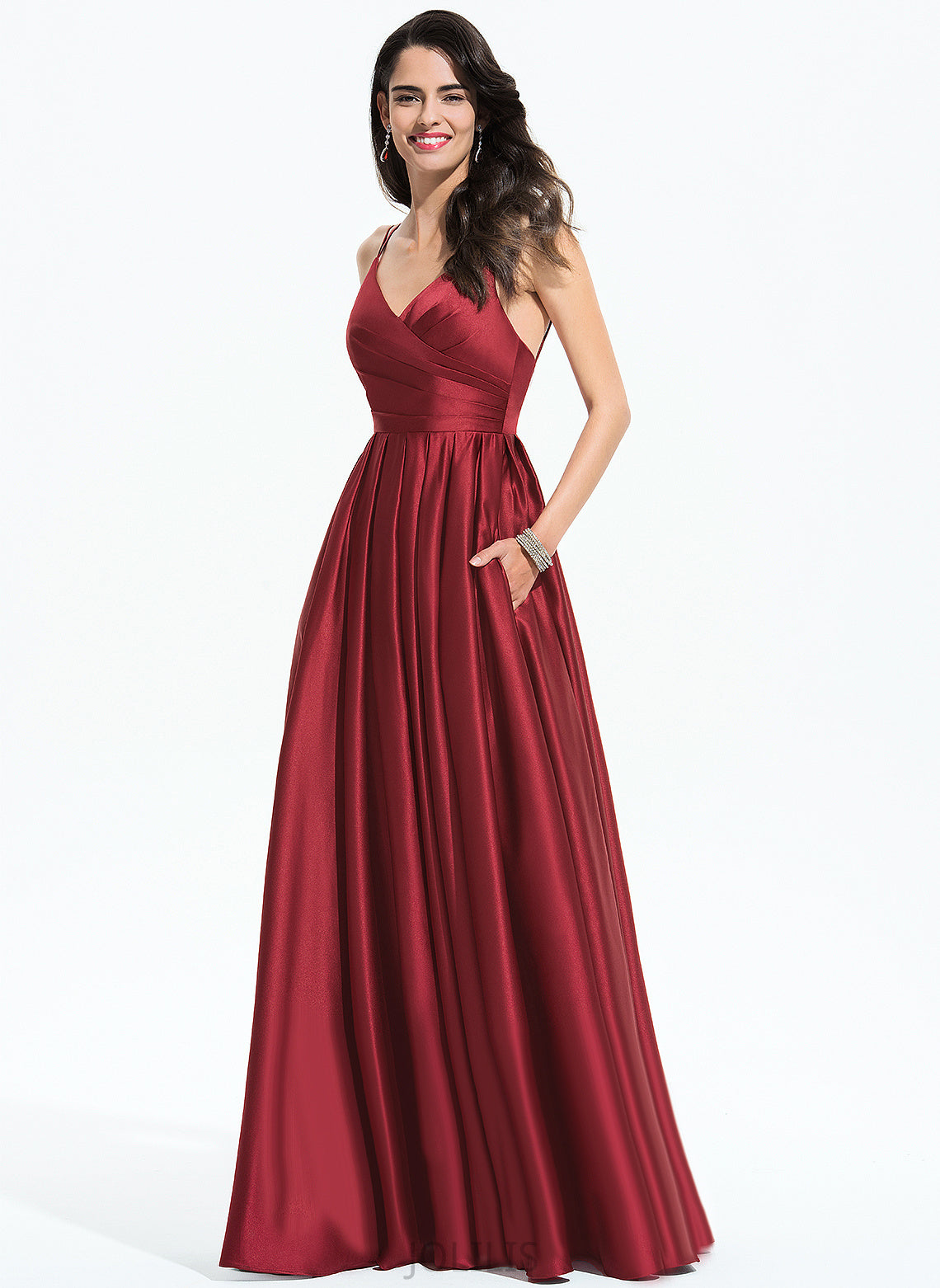 V-neck Floor-Length Jewel Ruffle With Prom Dresses A-Line Satin