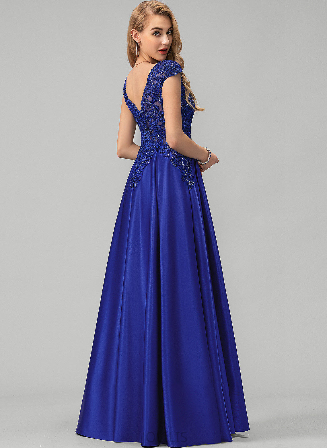 Prom Dresses Satin V-neck Valeria Floor-Length With Ball-Gown/Princess Sequins Lace