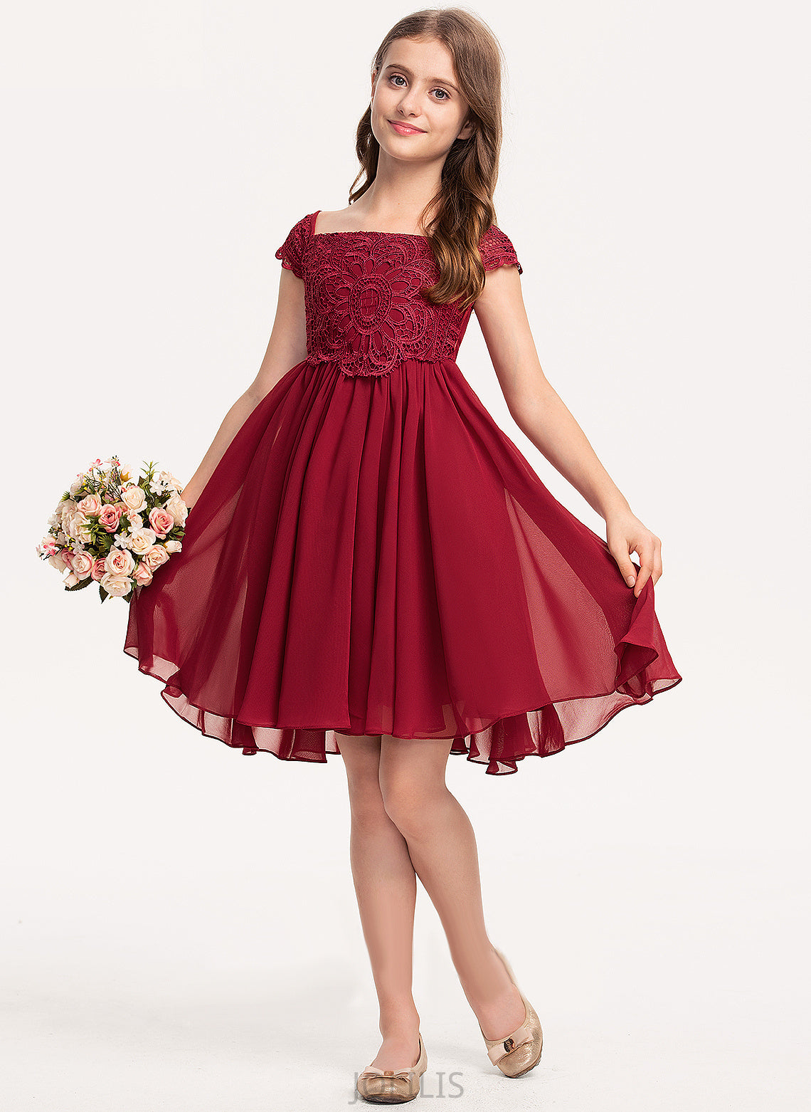 A-Line Chiffon Square Sleeves Flower Short Flower Girl Dresses Dress - Jode Neckline Girl Knee-length