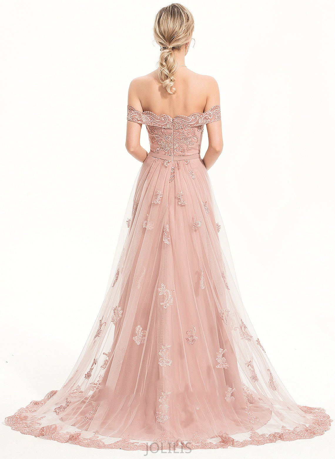 A-Line Off-the-Shoulder Briana With Sequins Train Tulle Chiffon Sweep Prom Dresses