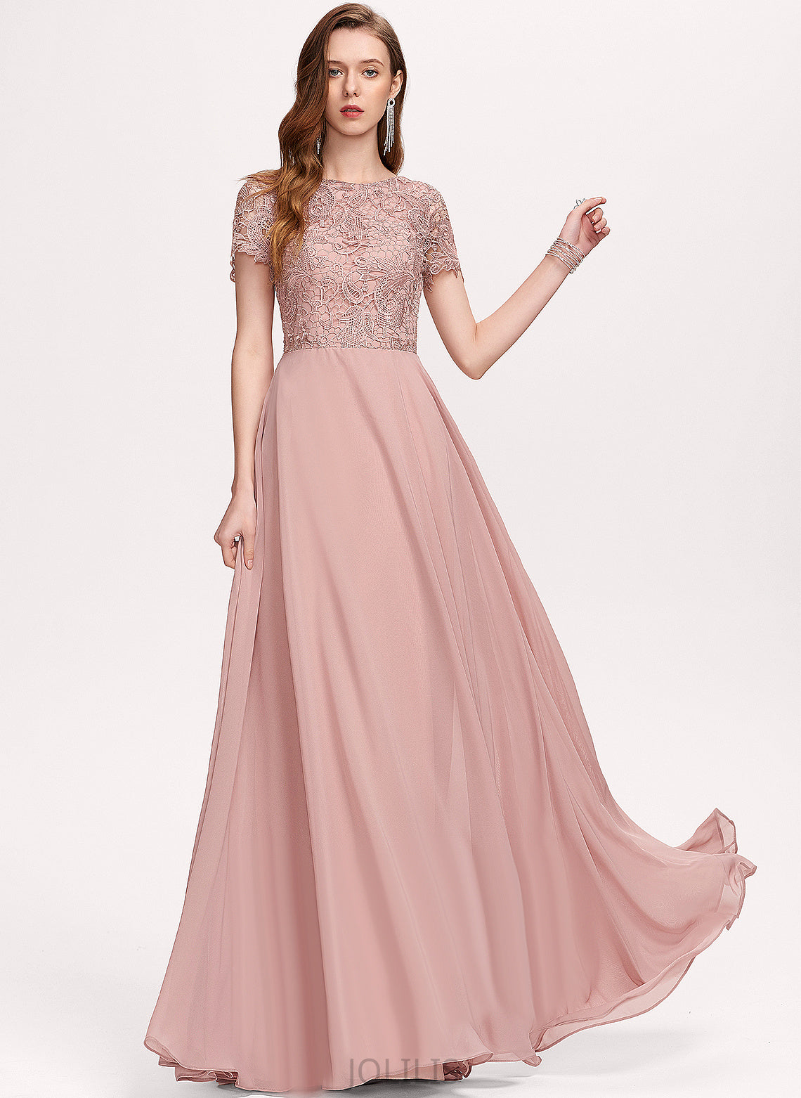 Floor-Length Scoop Lace Sequins Prom Dresses Chiffon With Johanna A-Line