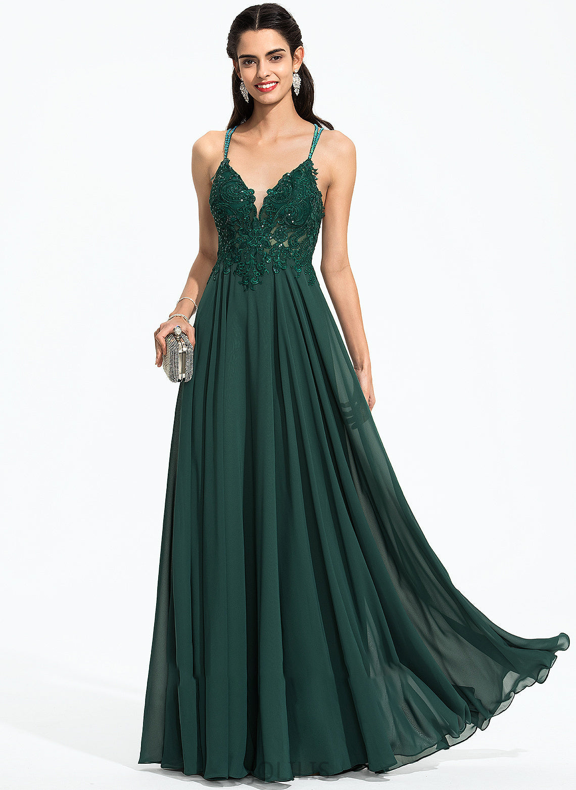 A-Line Sequins Prom Dresses Noemi Floor-Length Chiffon With Beading V-neck