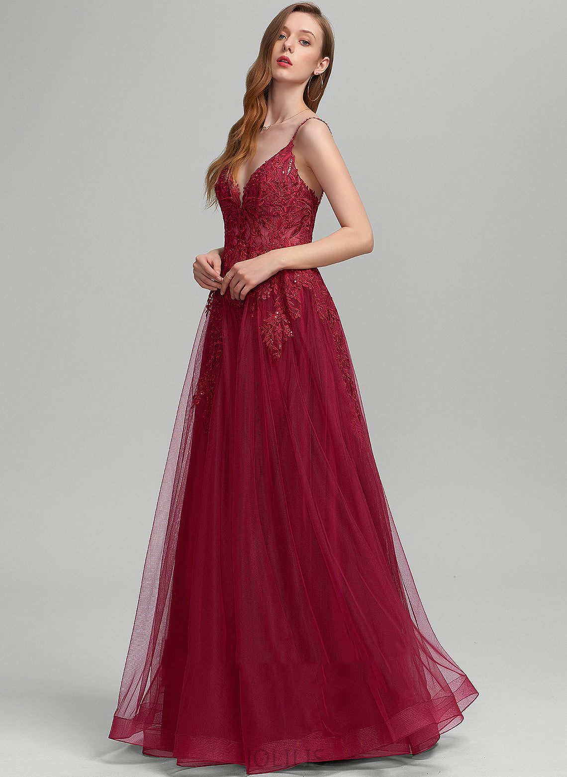 Edith Ball-Gown/Princess With Beading Lace Floor-Length Sequins V-neck Tulle Prom Dresses