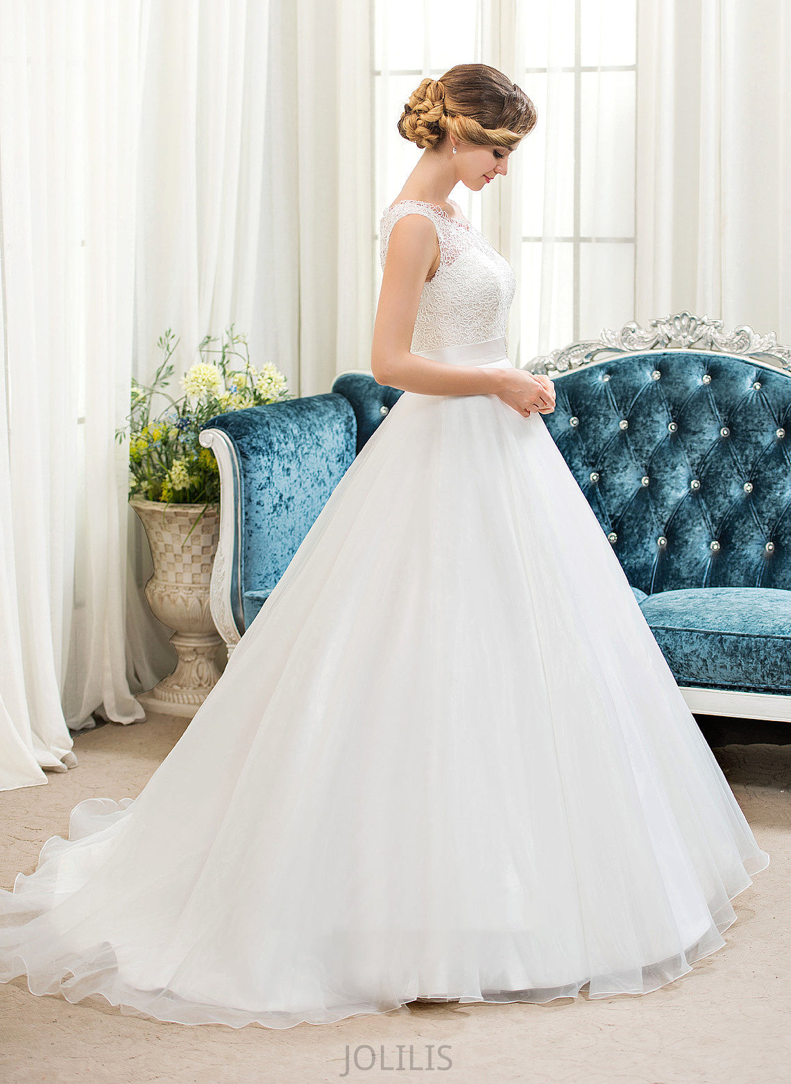 Sweep Mallory Train Scoop Neck Organza Ball-Gown/Princess Sequins Dress Wedding Lace Beading Wedding Dresses With