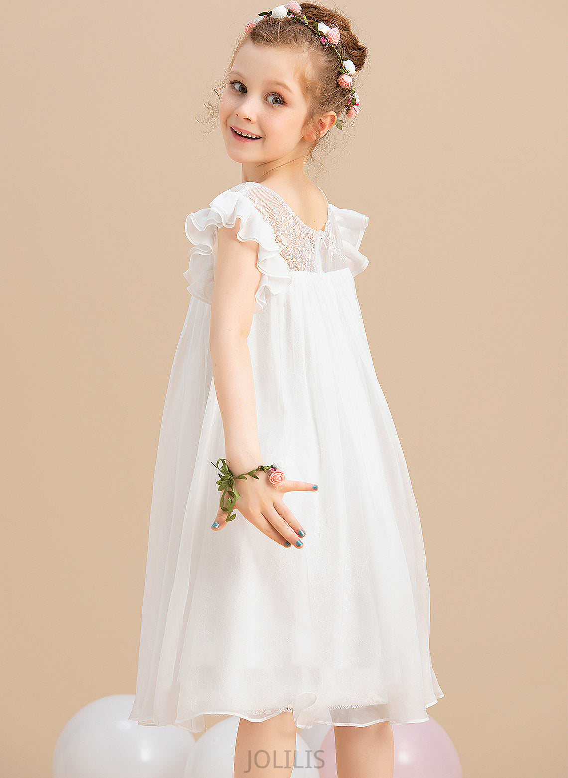 Scoop Neck Selina Short Girl - Flower With Dress Flower Girl Dresses Chiffon Lace Knee-length A-Line Sleeves