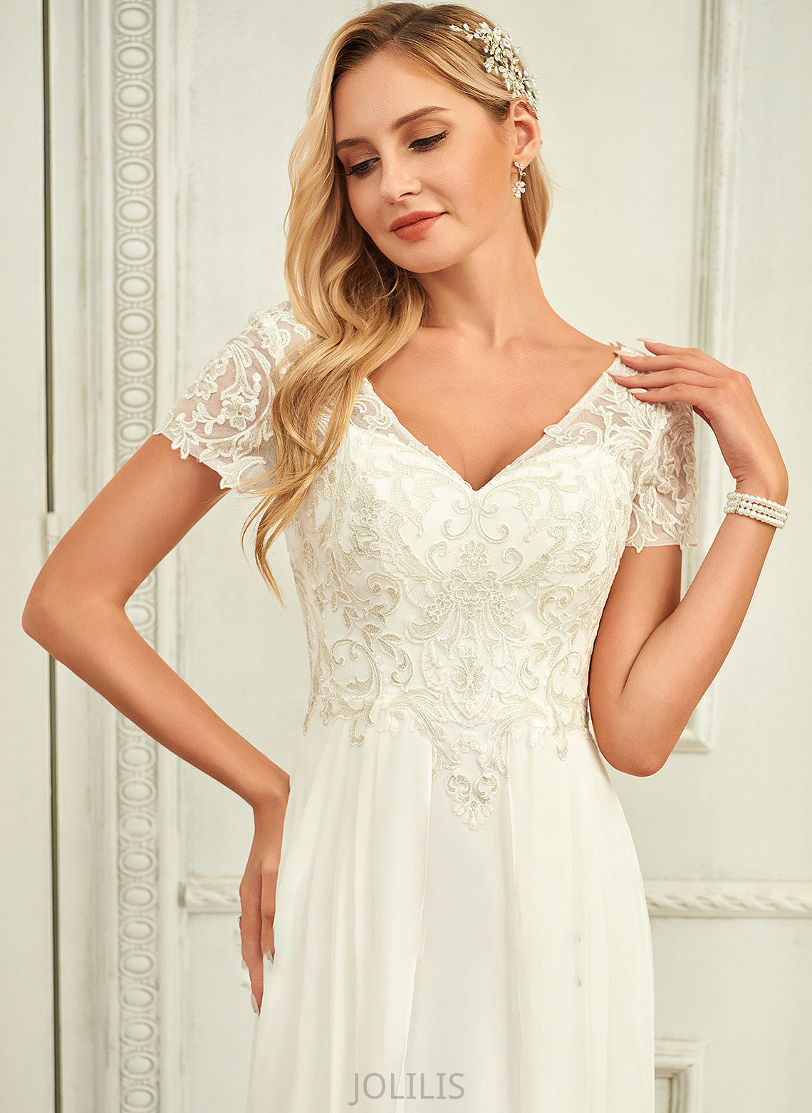 Lace With Wedding V-neck Vera Dress Chiffon Floor-Length Lace Wedding Dresses A-Line