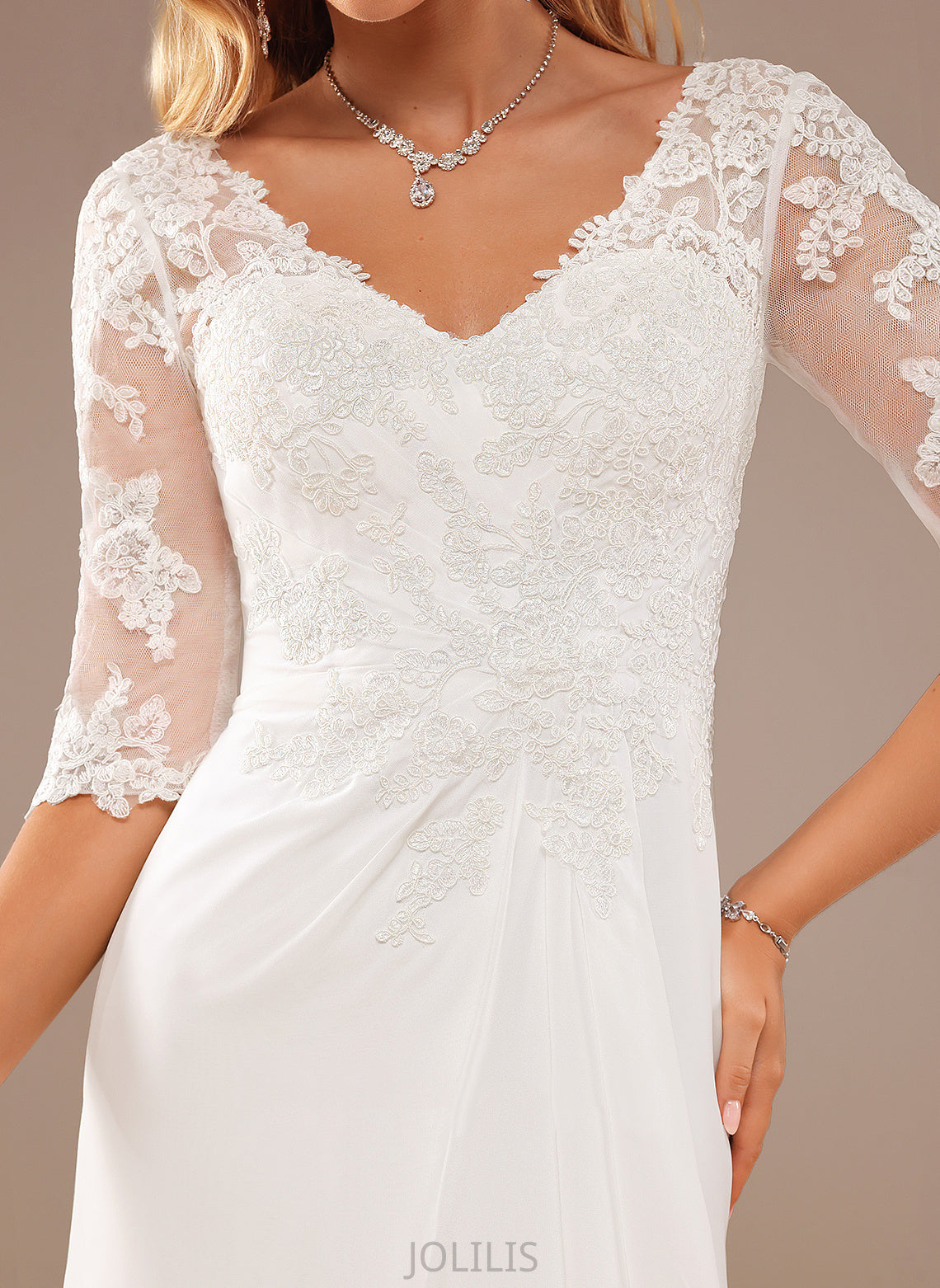 Chiffon Asymmetrical Ruffle Lace With Harper Lace V-neck A-Line Wedding Dresses Wedding Dress