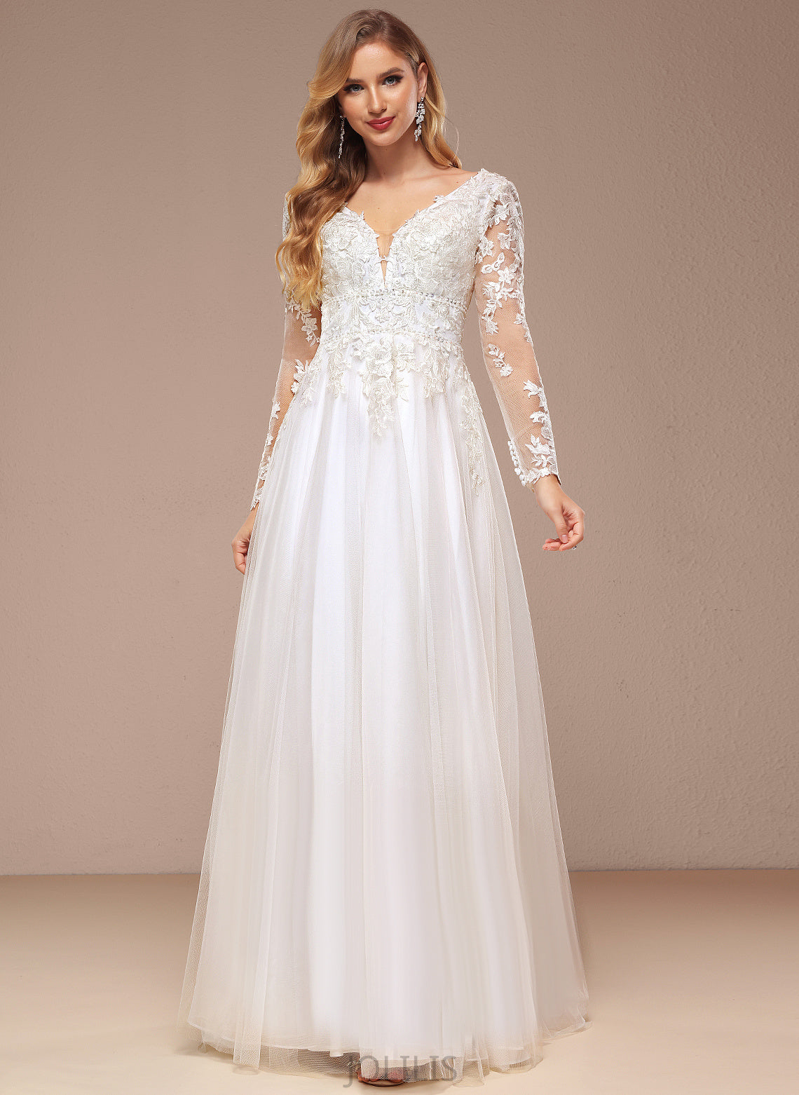 Wedding Dresses A-Line Wedding Lace Beading Dress With V-neck Abril Floor-Length Tulle Sequins