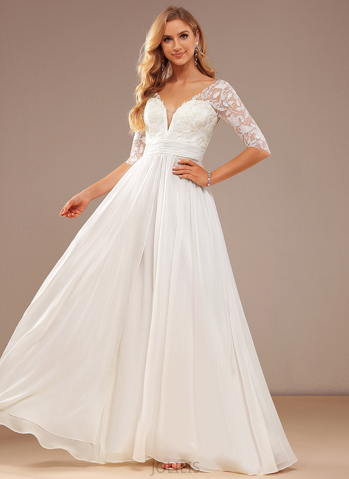 Wedding Dresses Sequins A-Line Lace Wedding With Lace Floor-Length Haleigh Dress Ruffle Chiffon V-neck