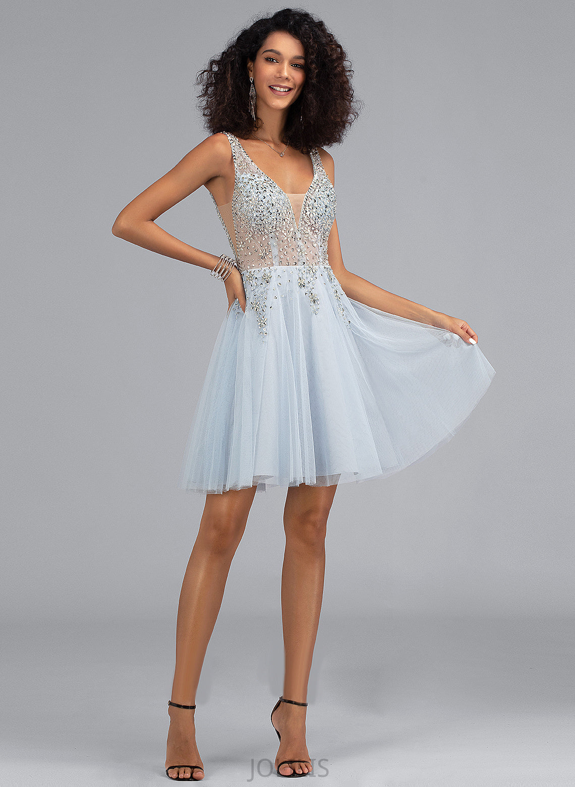 Homecoming Dresses Tulle V-neck A-Line Dress Sequins Beading Short/Mini June With Homecoming