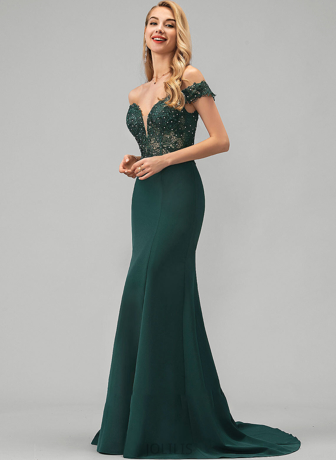 Crepe Beading Prom Dresses Lace Ireland Off-the-Shoulder Stretch Sweep Train Sequins With Trumpet/Mermaid