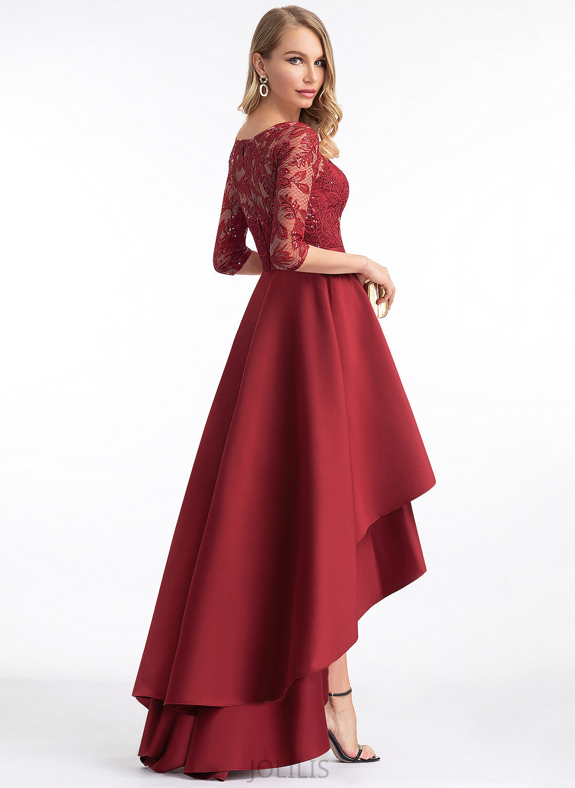 A-Line Asymmetrical Satin Scoop Prom Dresses Lace With Magdalena Sequins