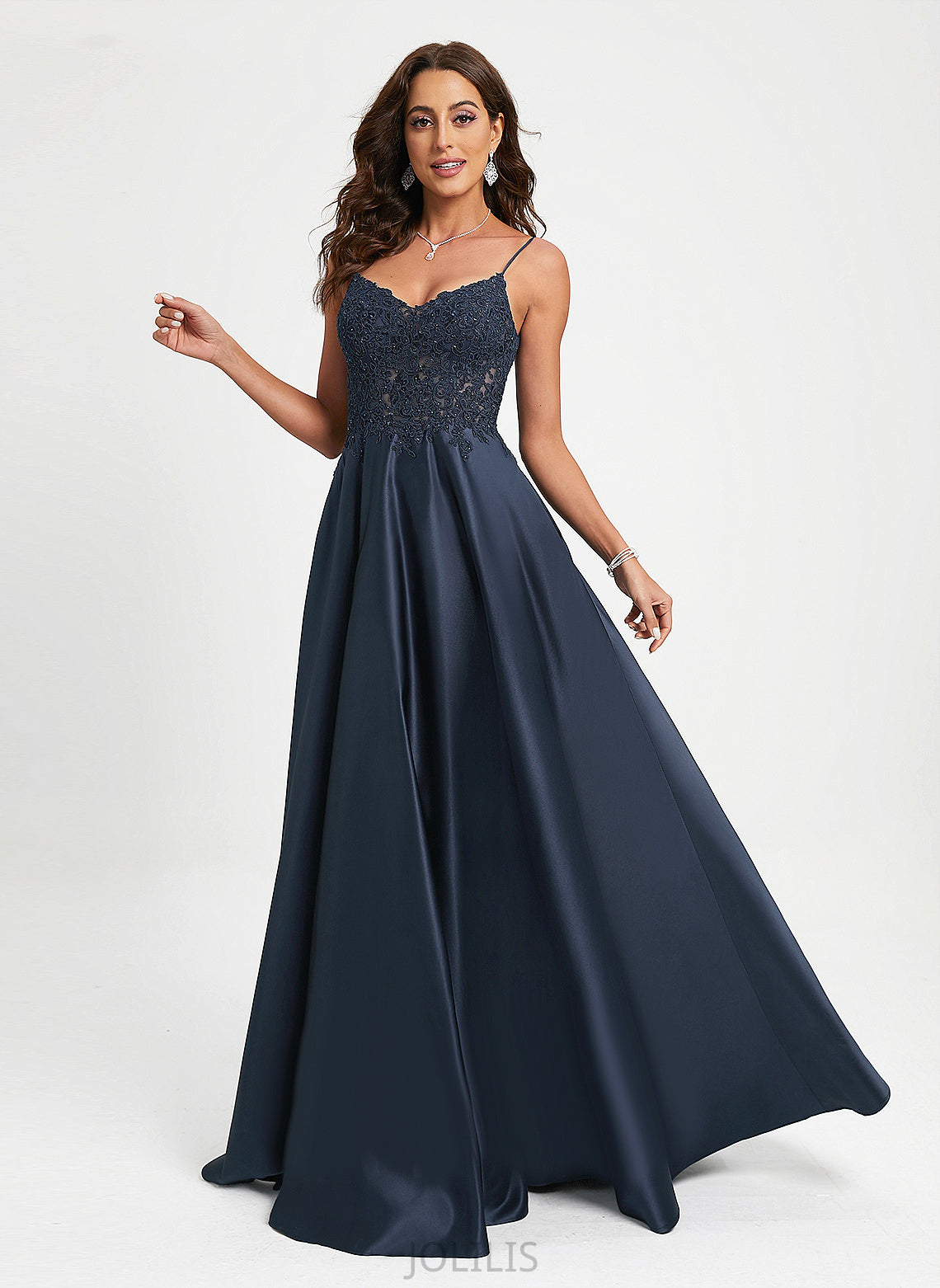 Sequins Avery Lace Floor-Length V-neck A-Line Satin With Prom Dresses