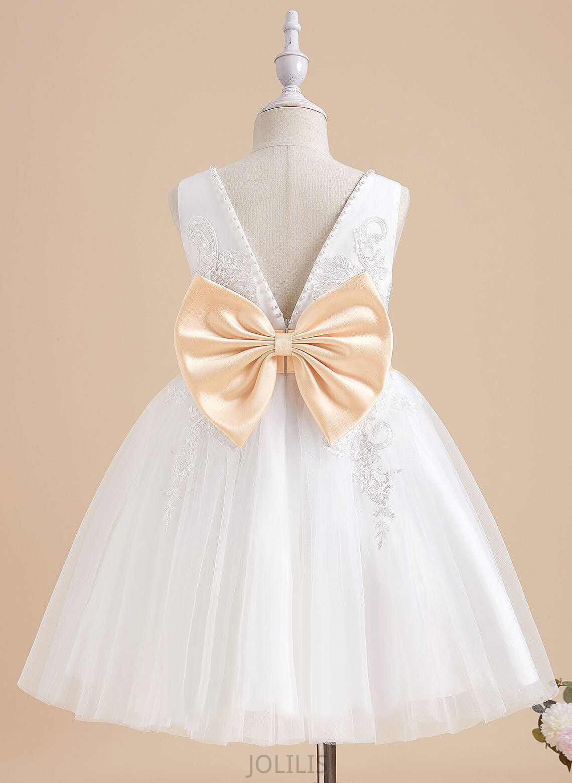 '- Dress Sleeveless Gloria Sash/Beading/Bow(s) Tulle/Lace Knee-length V-neck Flower Girl Dresses With Girl Flower A-Line