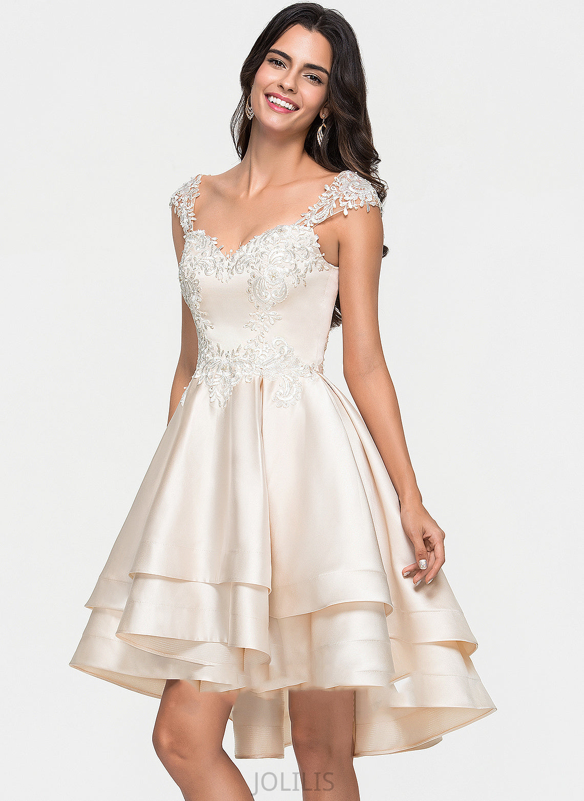 Satin Lace With Sweetheart Homecoming Dresses Cascading Homecoming Dress Lesley Beading A-Line Ruffles Asymmetrical