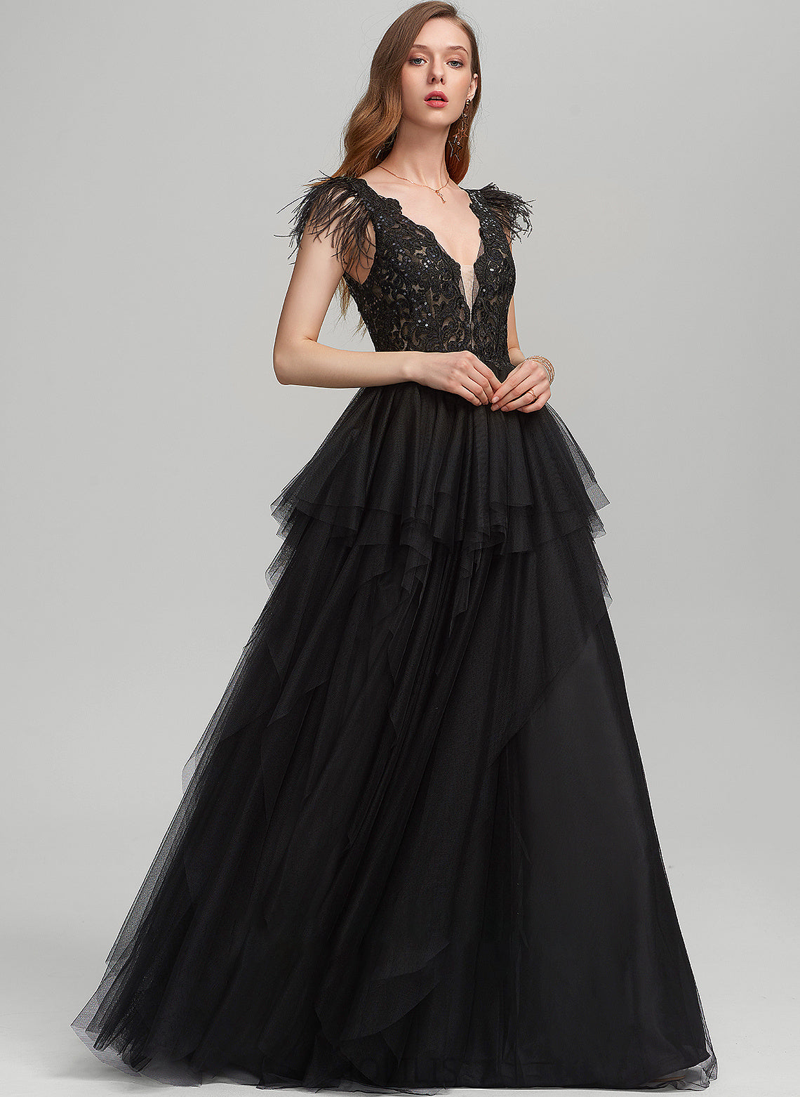 Feather Sequins Ball-Gown/Princess Prom Dresses With V-neck Floor-Length Tulle Haylee